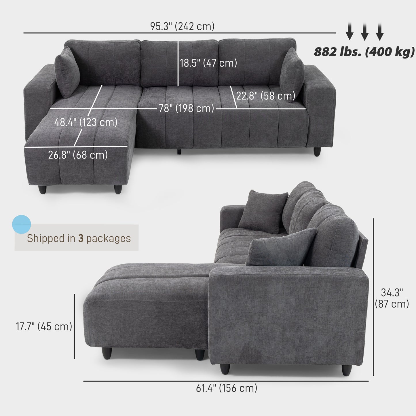 Sectional Couch with Integrated Seat, 3 Seater L-Shaped Sofa with Changeable Chaise, Spring Cushion, 2 Pillows, Grey