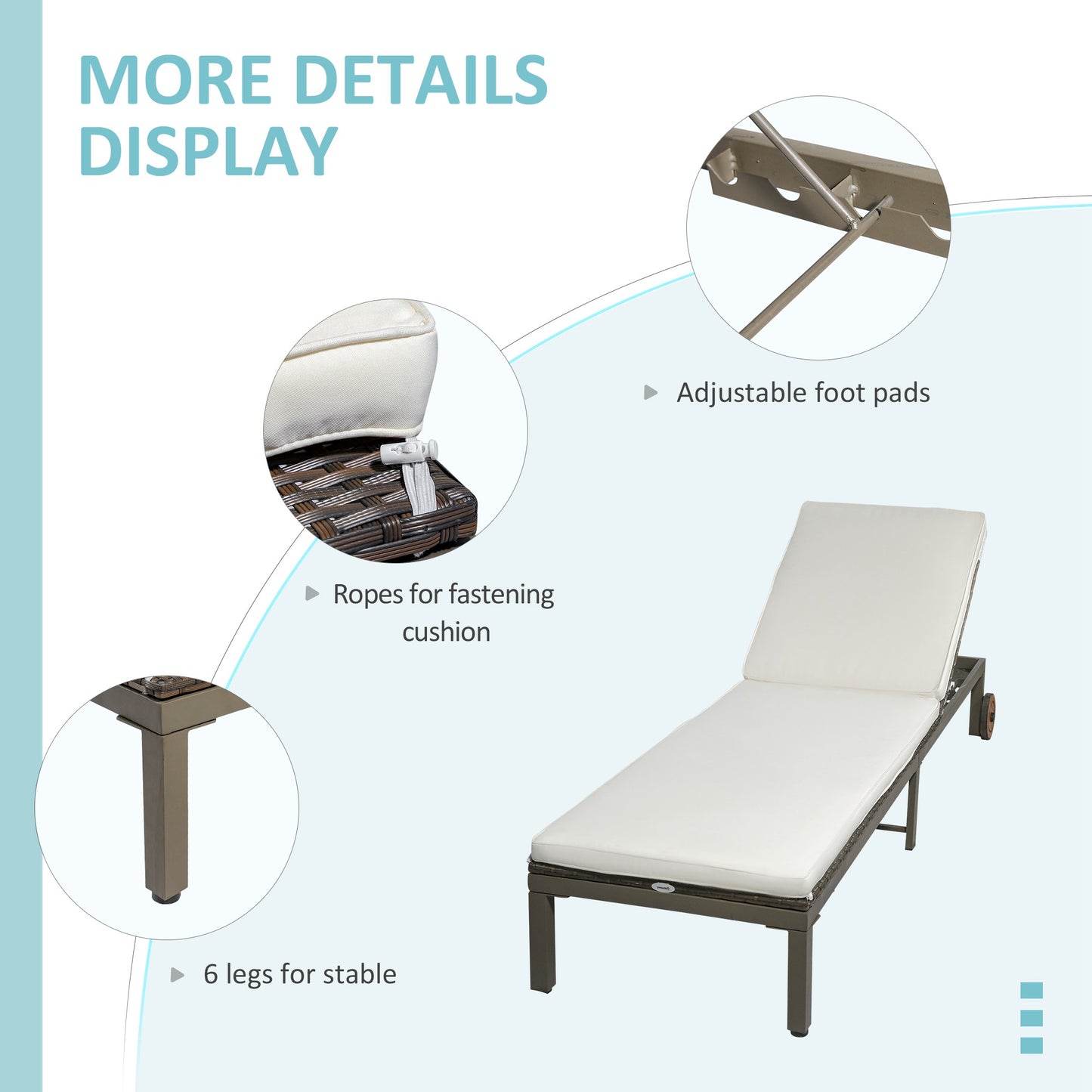 Patio Rattan Sun Lounger with 4-Level Adjustable Backrest and Wheels, Wicker Chaise Lounge Chair with Cushion, for Patio, Deck, Poolside Cream White