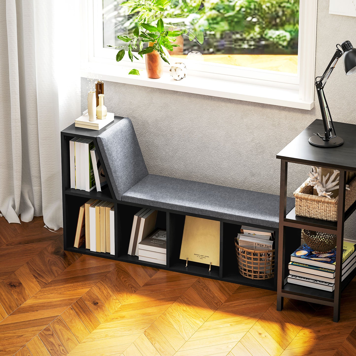 Multi-Purpose Bookshelf with 5 Cubes, 5-Cubby Bookcase with Cushioned Reading Nook and Storage Shelves, Distressed Black