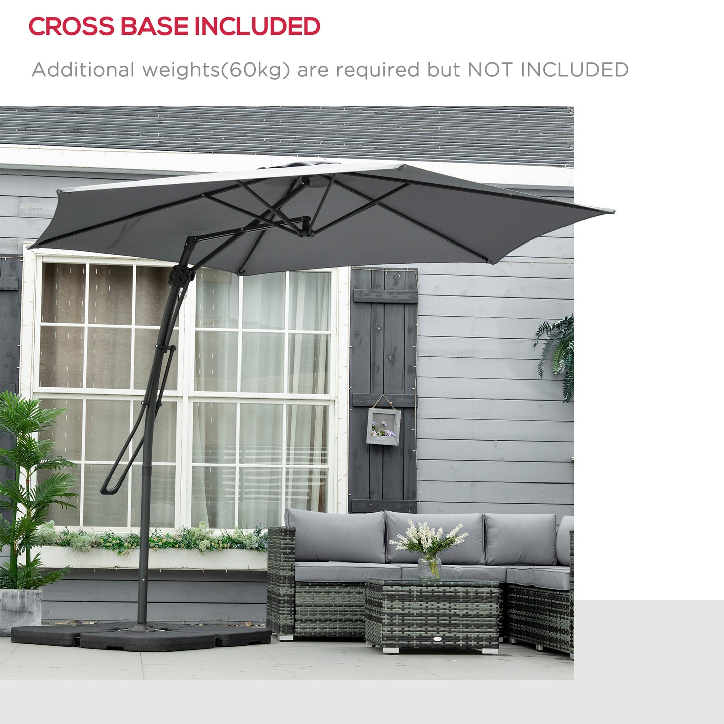 10ft Cantilever Patio Umbrella Offset Parasol with Crank Handle, Cross Base for Garden, Deck, Dark Grey