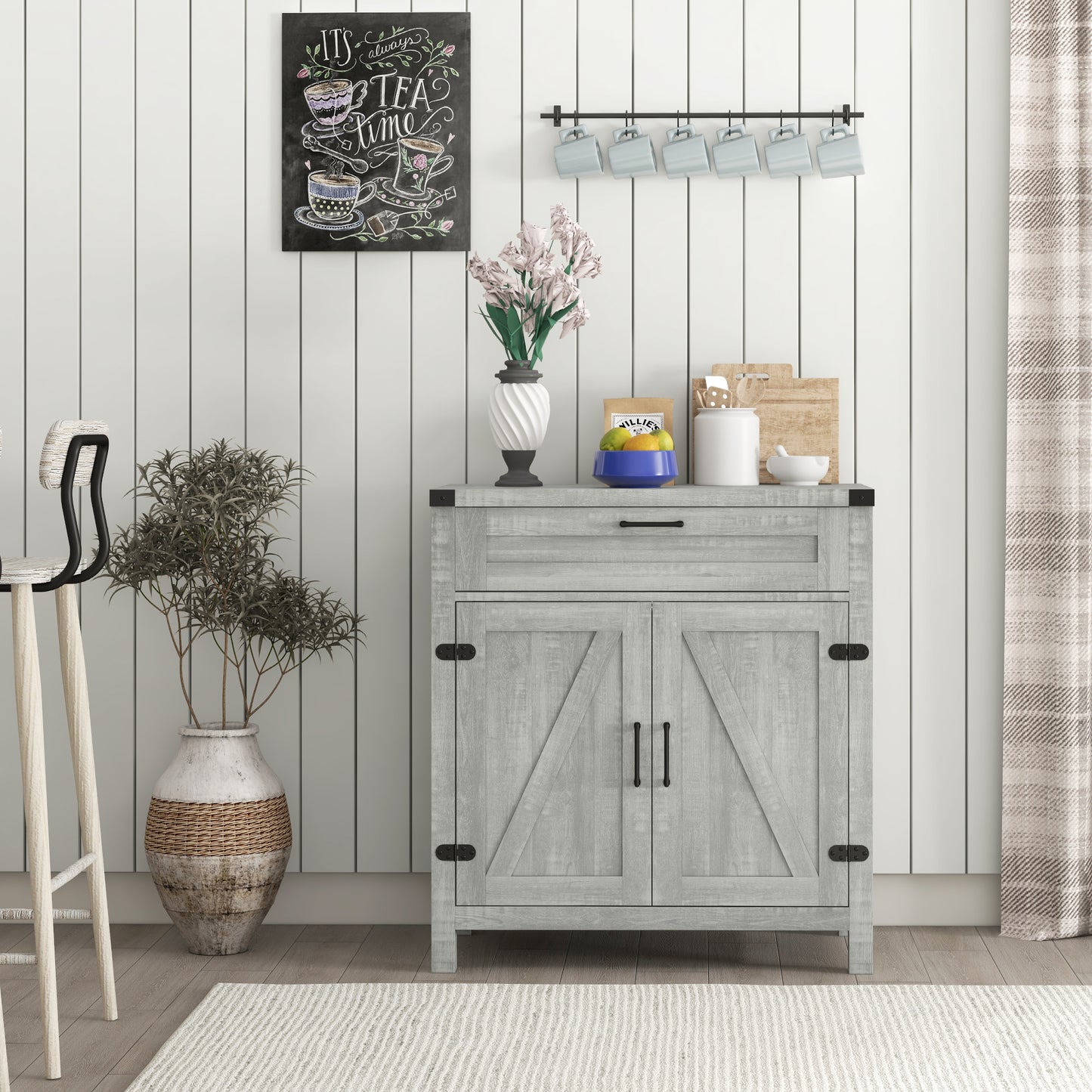 Farmhouse Kitchen Storage Cabinet, Sideboard Buffet Cabinet with 2 Rustic Barn Doors and Drawer, Grey