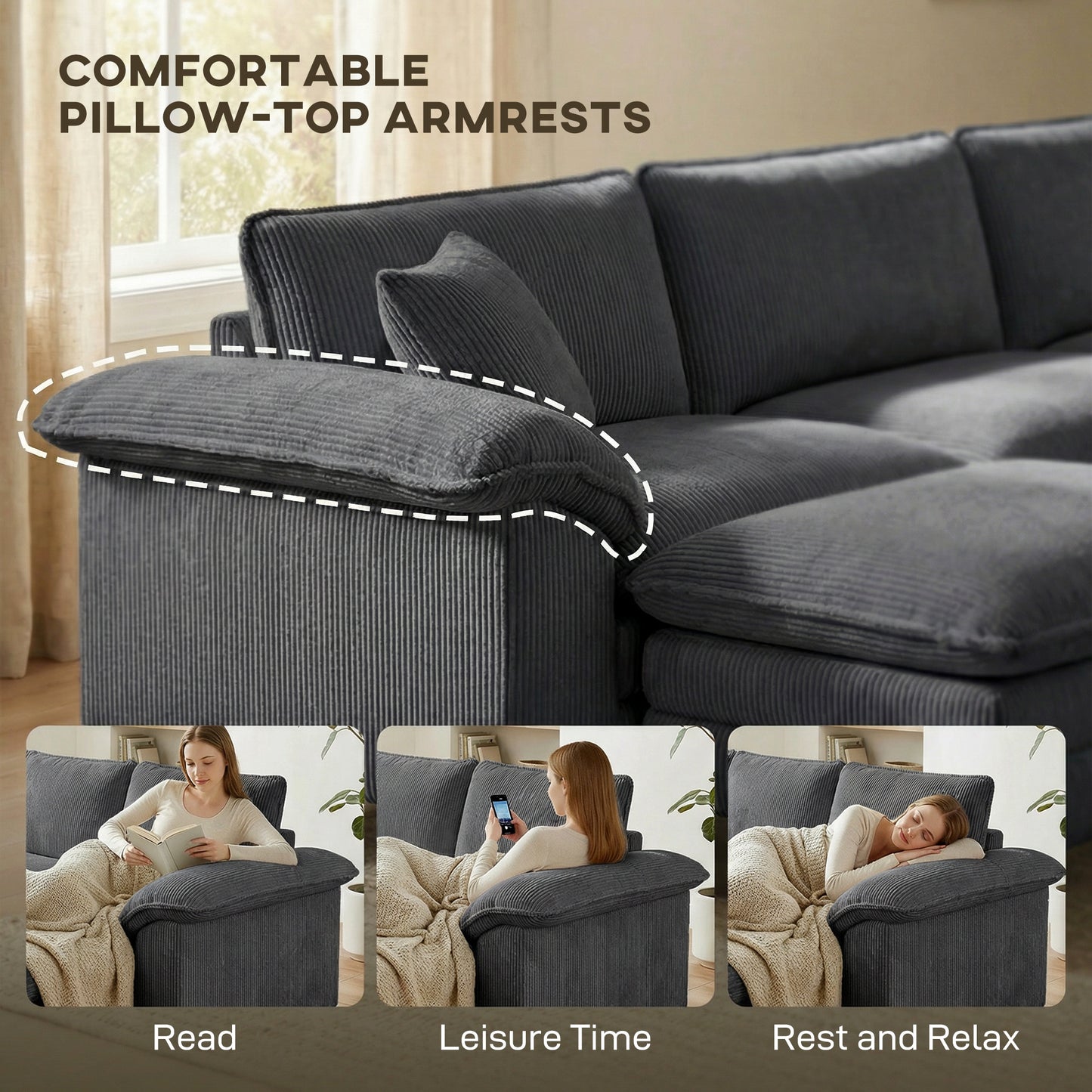 Deep-Seat L-Shape Sectional Sofa with Storage Ottoman - Dark Grey
