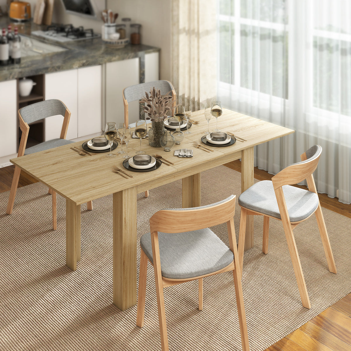 Modern Extendable Dining Table, 55.1 x 31.5 in, for 6-8 People, Expandable Dining Table for Kitchen, Natural Wood
