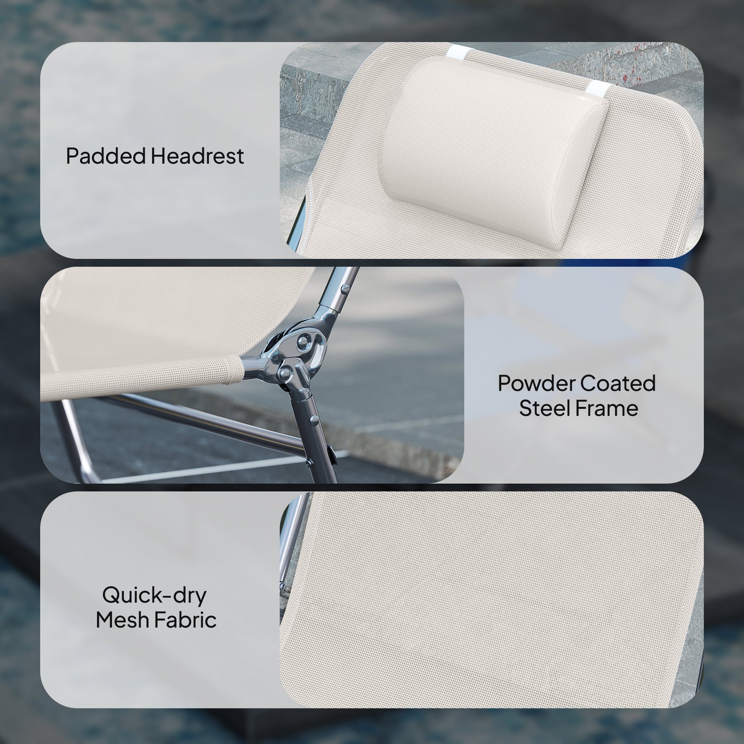 Set of 2 Folding Chaise Lounge Chairs, Outdoor Poolside Sun Tanning Chairs w/ Pillow, Reclining Backrest, Cream White