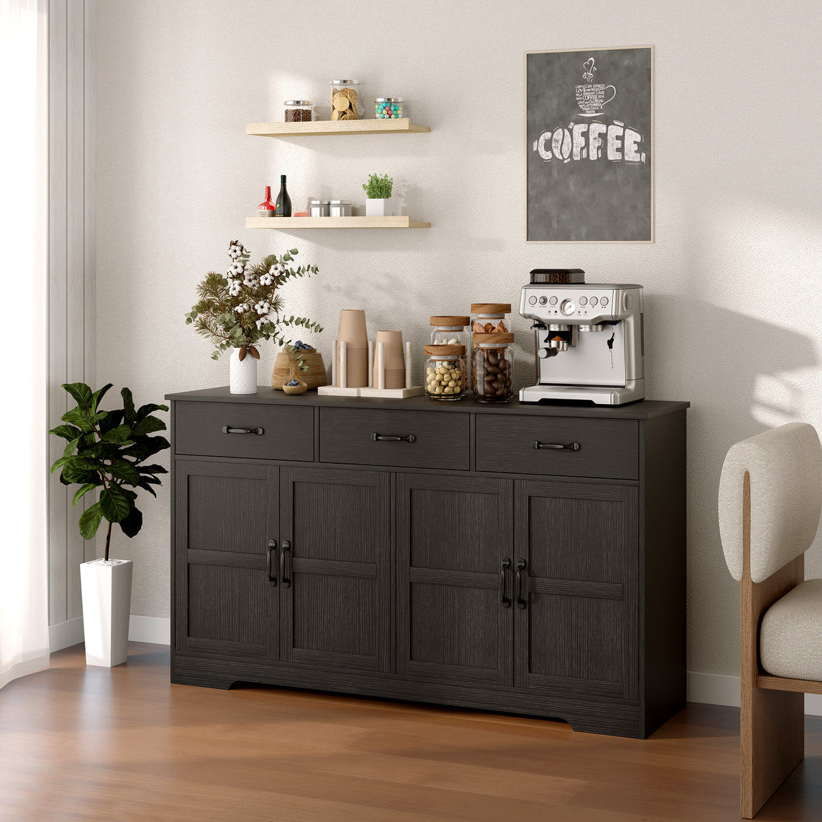 Sideboard Buffet Cabinet with Storage, Modern Coffee Bar Cabinet with 3 Drawers and Adjustable Shelves, Distressed Black