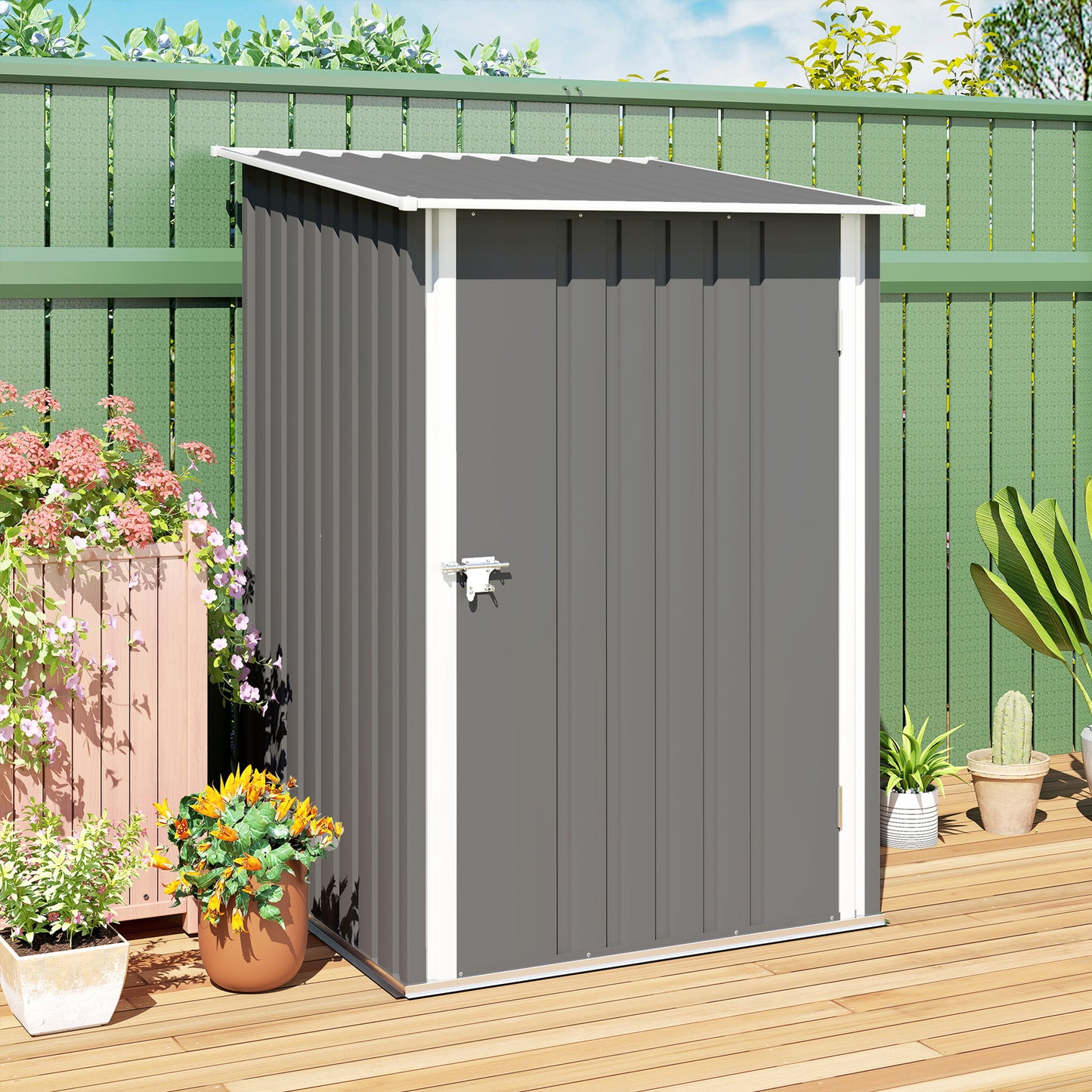3.3' x 3.4' Lean-to Garden Storage Shed, Outdoor Galvanized Steel Tool House with Lockable Door for Patio Grey