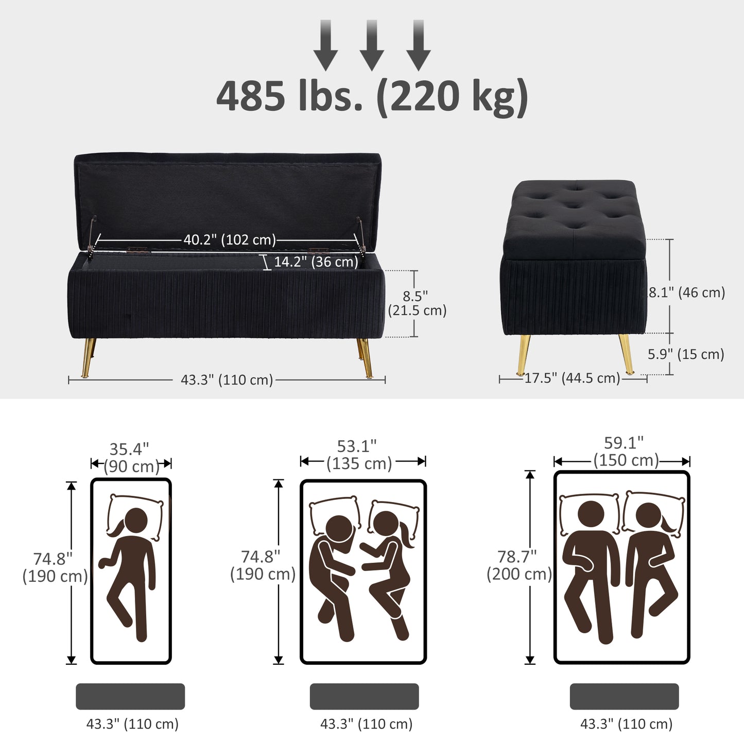 Storage Ottoman Bench, 43 Inch Large Storage Chest with Steel Legs and Padded Seat, Foot Rest, Load 485 lbs, Black
