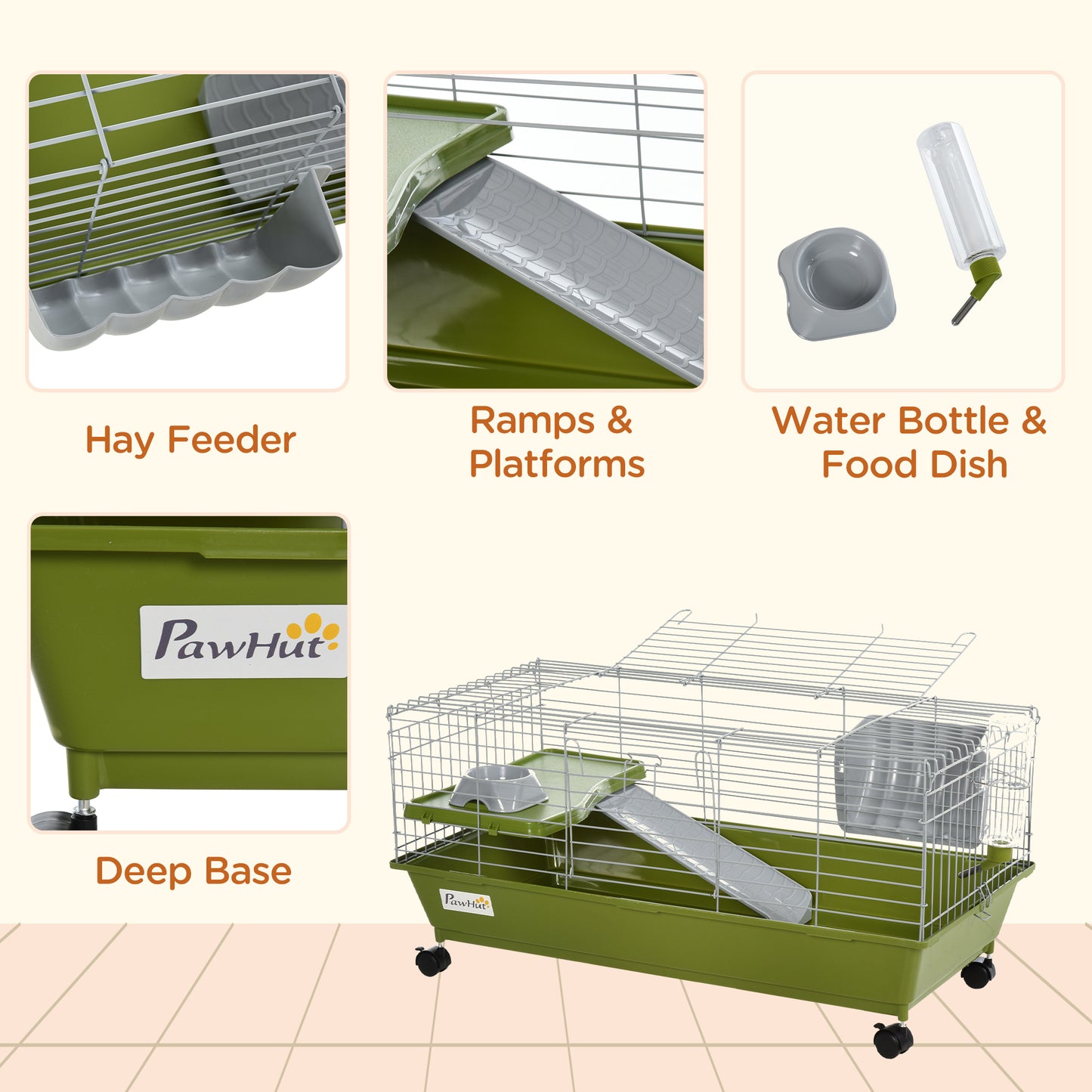 Small Animal Cage, Rolling Bunny Cage, Guinea Pig Cage with Food Dish, Water Bottle, Hay Feeder, Platform, Ramp, Green