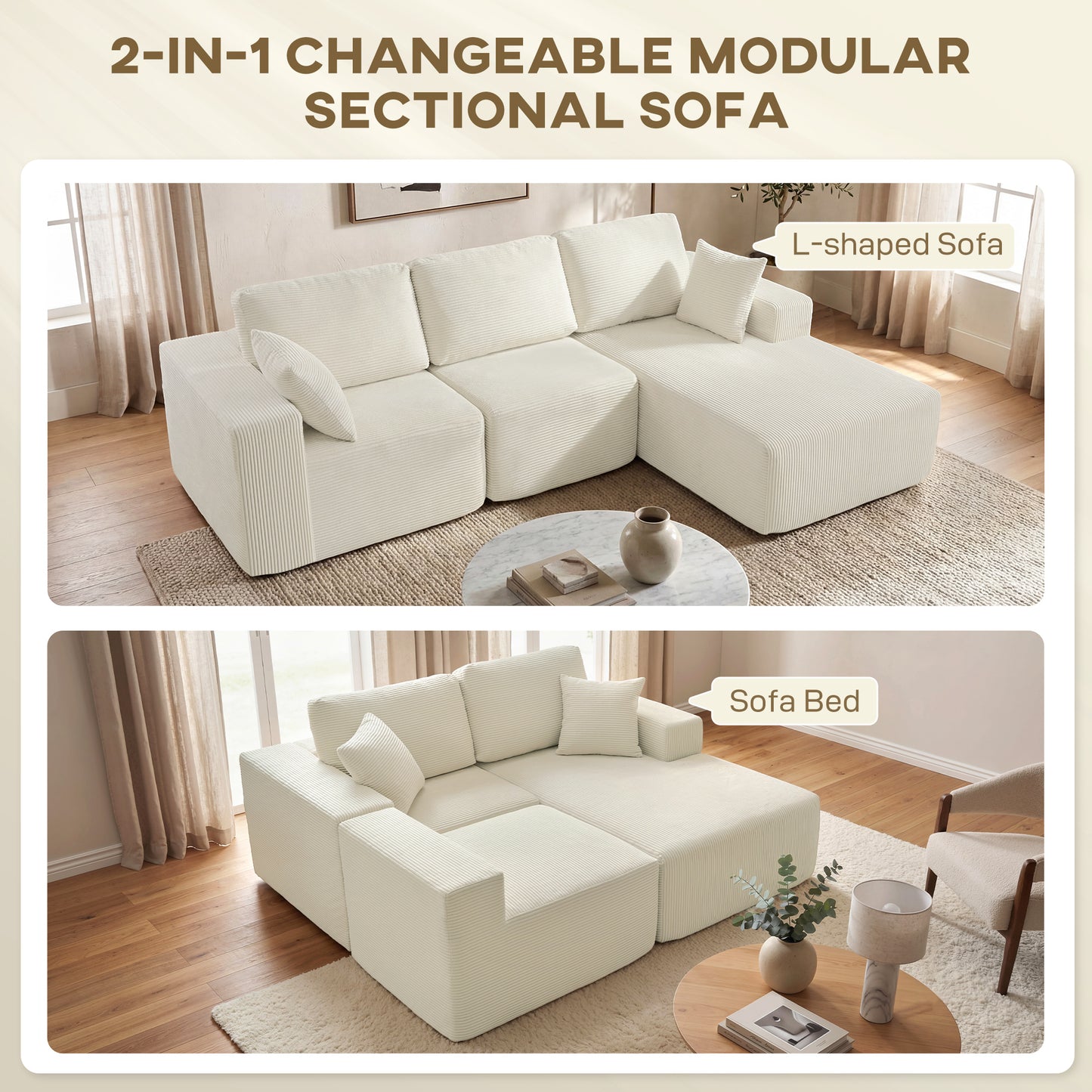 2-in-1 Modular Sectional Sofa, Boneless L Shaped Couch Sofa Bed, Cream White