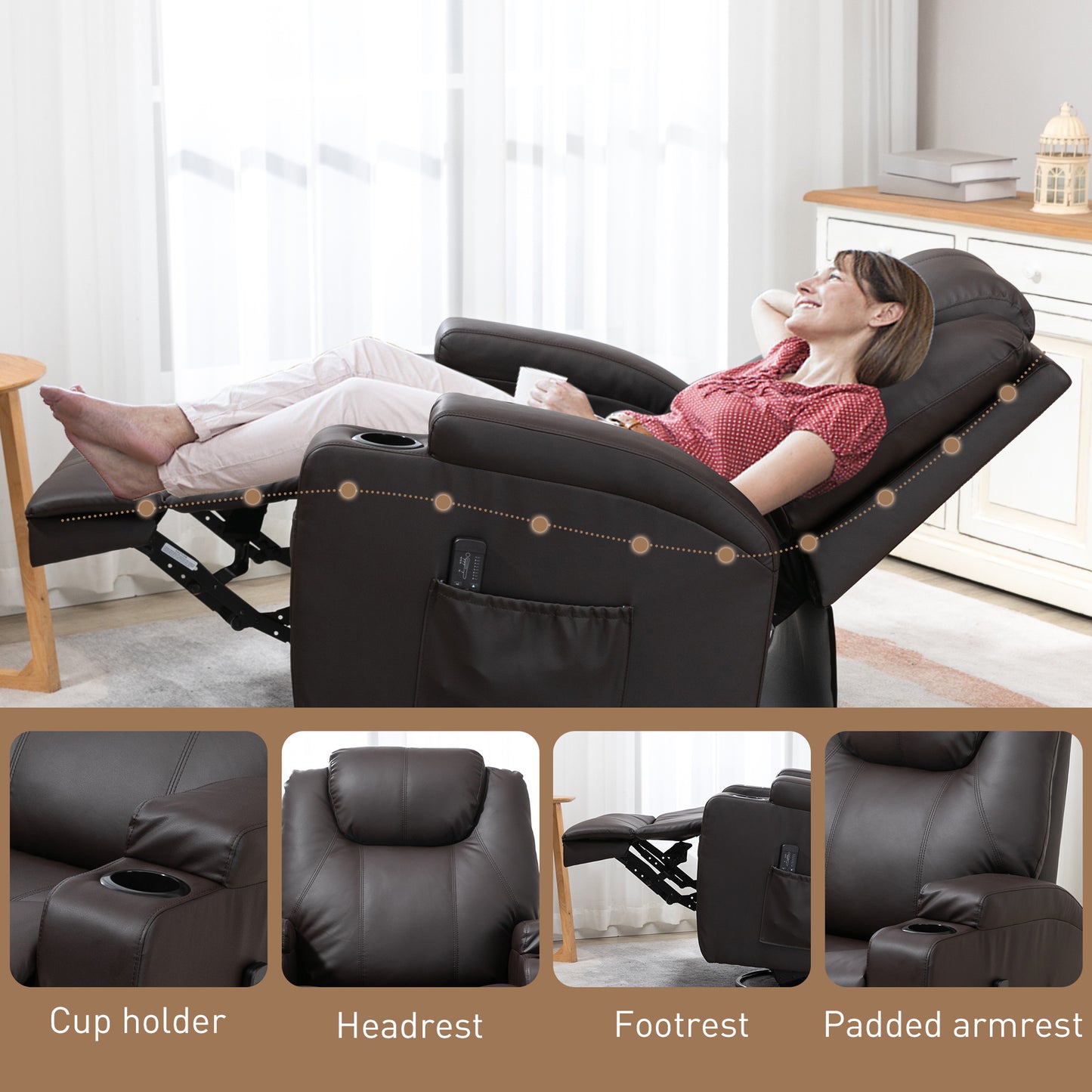Massage Recliner Chair, Swivel Nursery Rocker Chair, Manual Reclining Sofa with 8 Vibration Points, PU Leather, Cup Holders, Side Pockets, for Living Room, Brown