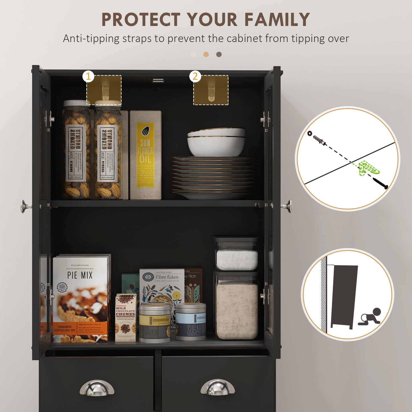 61" Kitchen Pantry Cabinet, Freestanding Farmhouse Buffet Storage Cabinet with Soft Close Glass Doors and Adjustable Shelves, Black