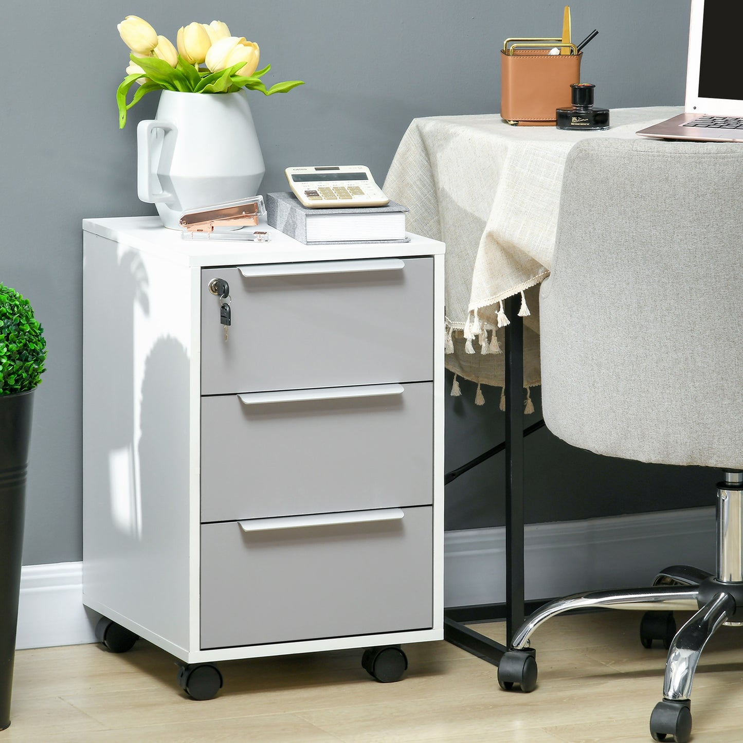 3 Drawer File Cabinet with Wheels, Vertical Filing Cabinet with Lock, Grey