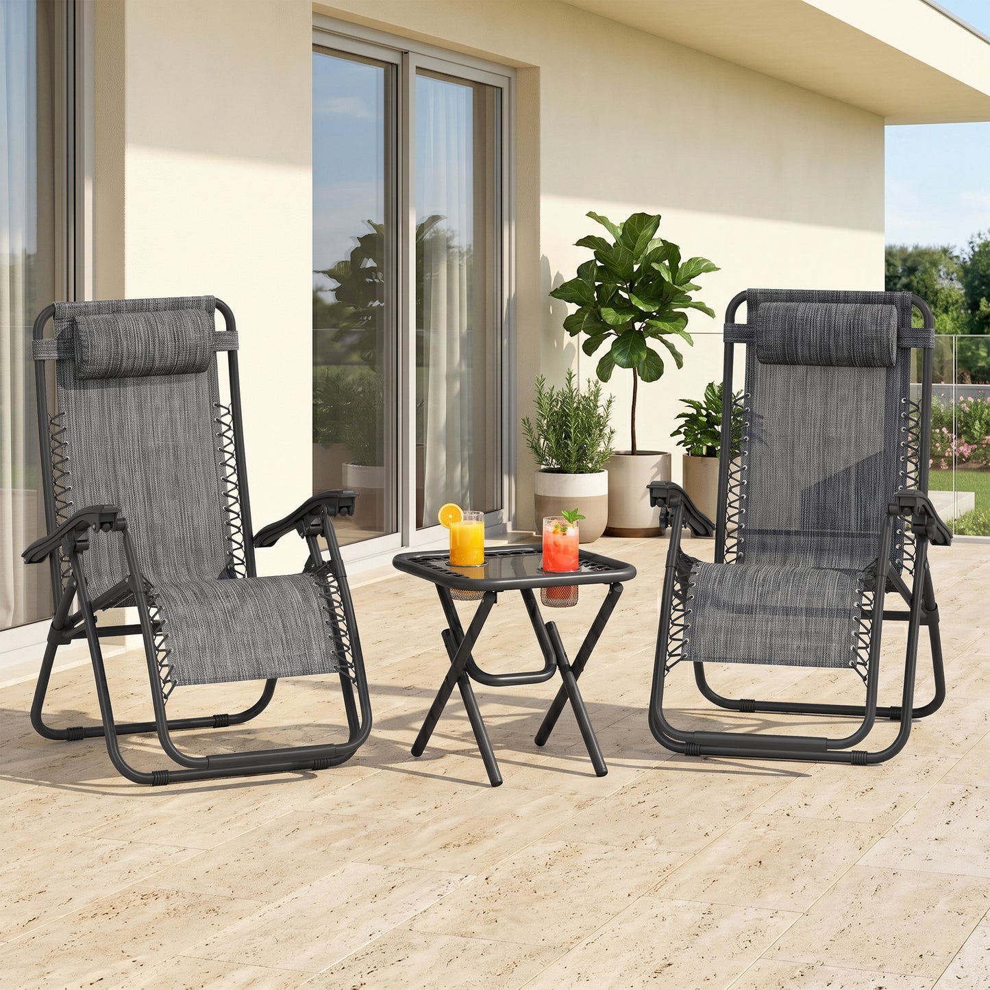 Zero Gravity Chair Set of 2 Patio Chair with Side Table Cupholders and Pillows for Pool, Backyard, Lawn, Blue