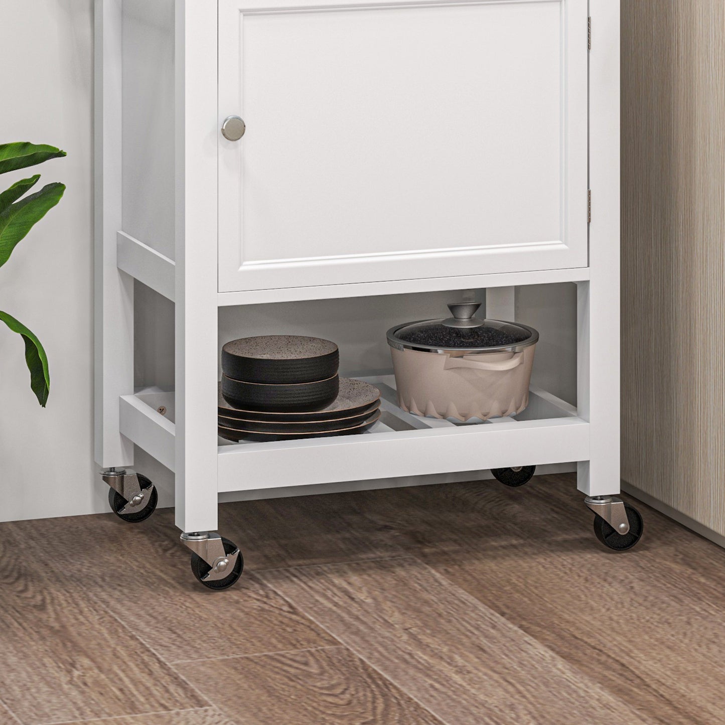 Kitchen Cart on Wheels, Rolling Kitchen Island Cart with Wood Top, Towel Rack, Drawer and Shelf for Dining Area, White