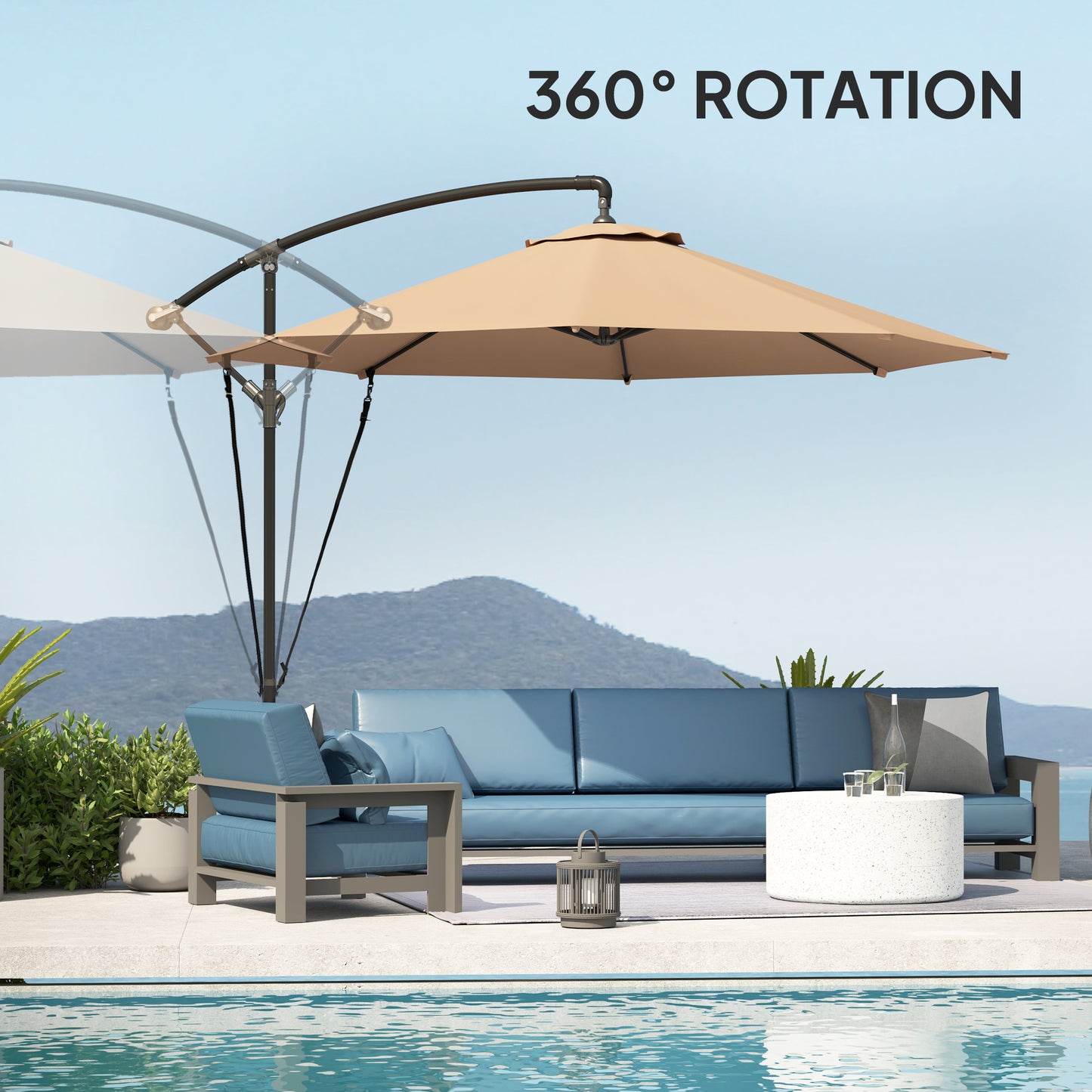9.5' Khaki Cantilever Umbrella with Wind Protection Strap