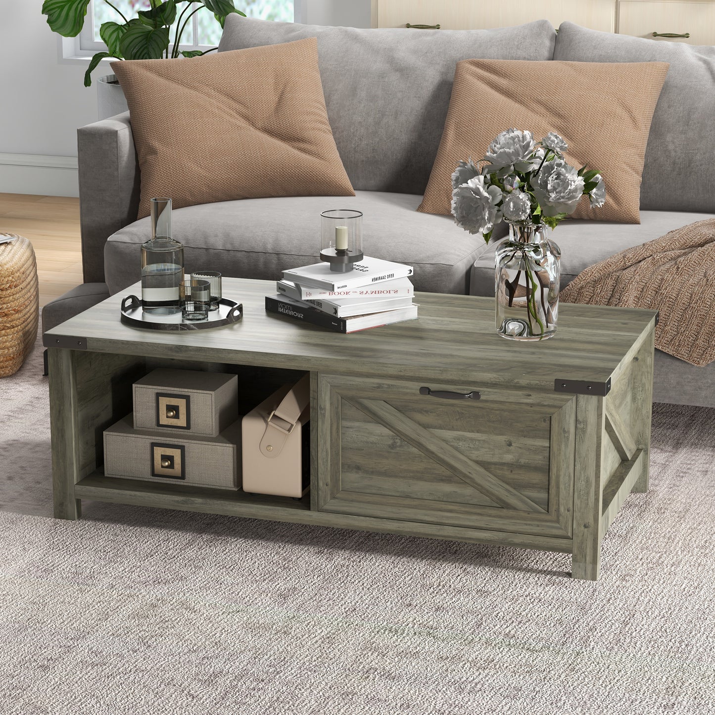 Farmhouse Coffee Table with Drawer and Storage Shelf, Rustic Center Table for Living Room, Meeting Room, Grey