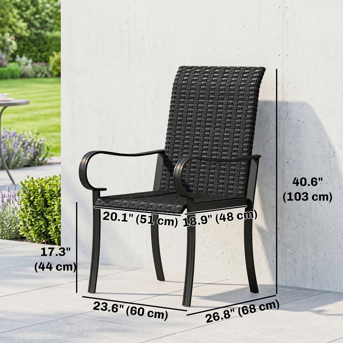2 Piece PE Rattan Patio Dining Chairs with Steel Frame, for Garden, Backyard, Pool Side, Porch, Black