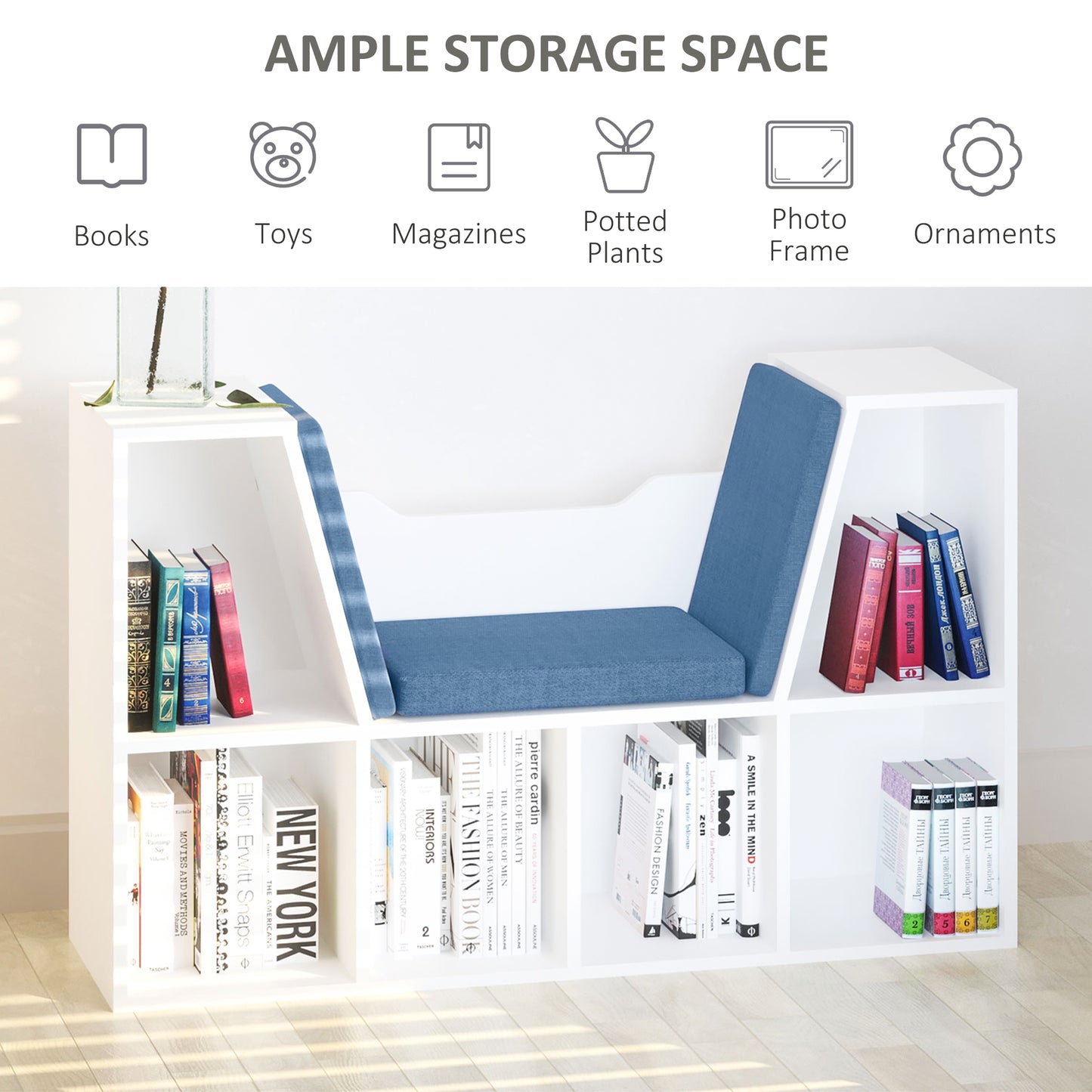 6-Cubby Bookcase with Seat Cushion, Cube Storage Shelf with Reading Nook for Home Office, Study, Blue