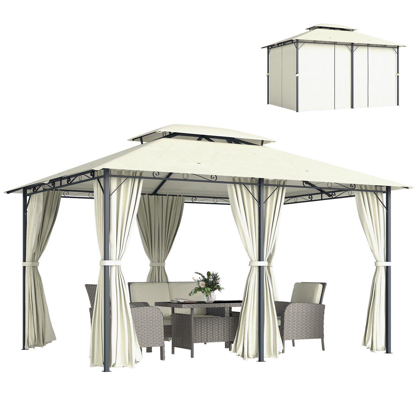 13' x 10' Soft-top Gazebo Patio Steel Canopy Portable Party Event with Double Canopy Roof, Curtains, Cream White