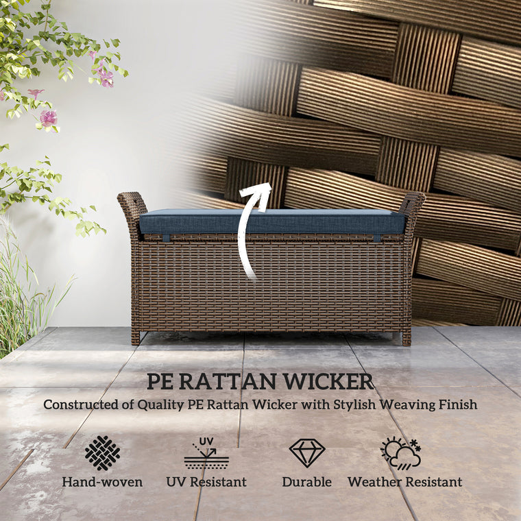 29 Gallon Wicker Deck Box Bench with Handles and Cushion