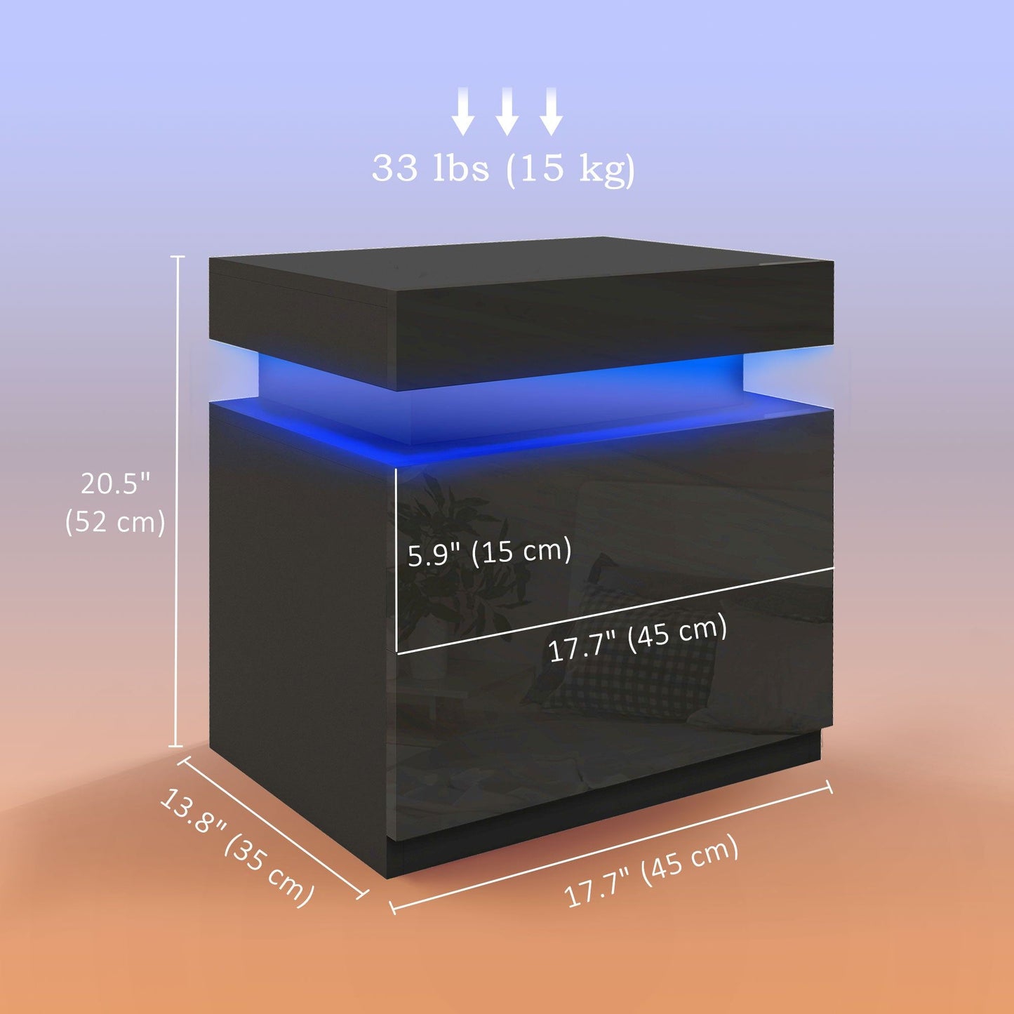 Nightstand with LED Lights and 2 Drawers - Black