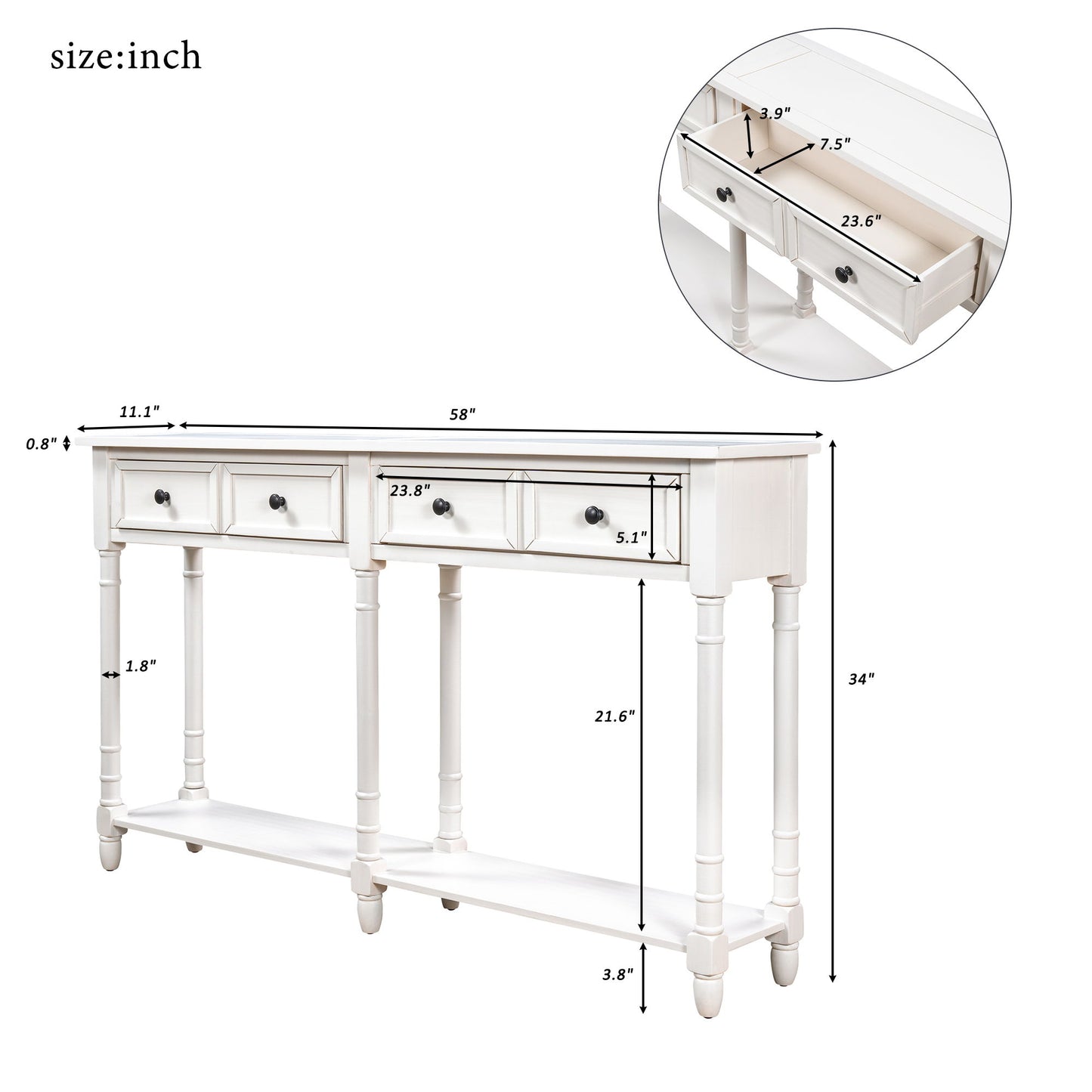 Console Table with Two Storage Drawers and Bottom Shelf, Easy Assembly for Living Room or Entryway, 58" L x 11" W x 34" H, Ivory White