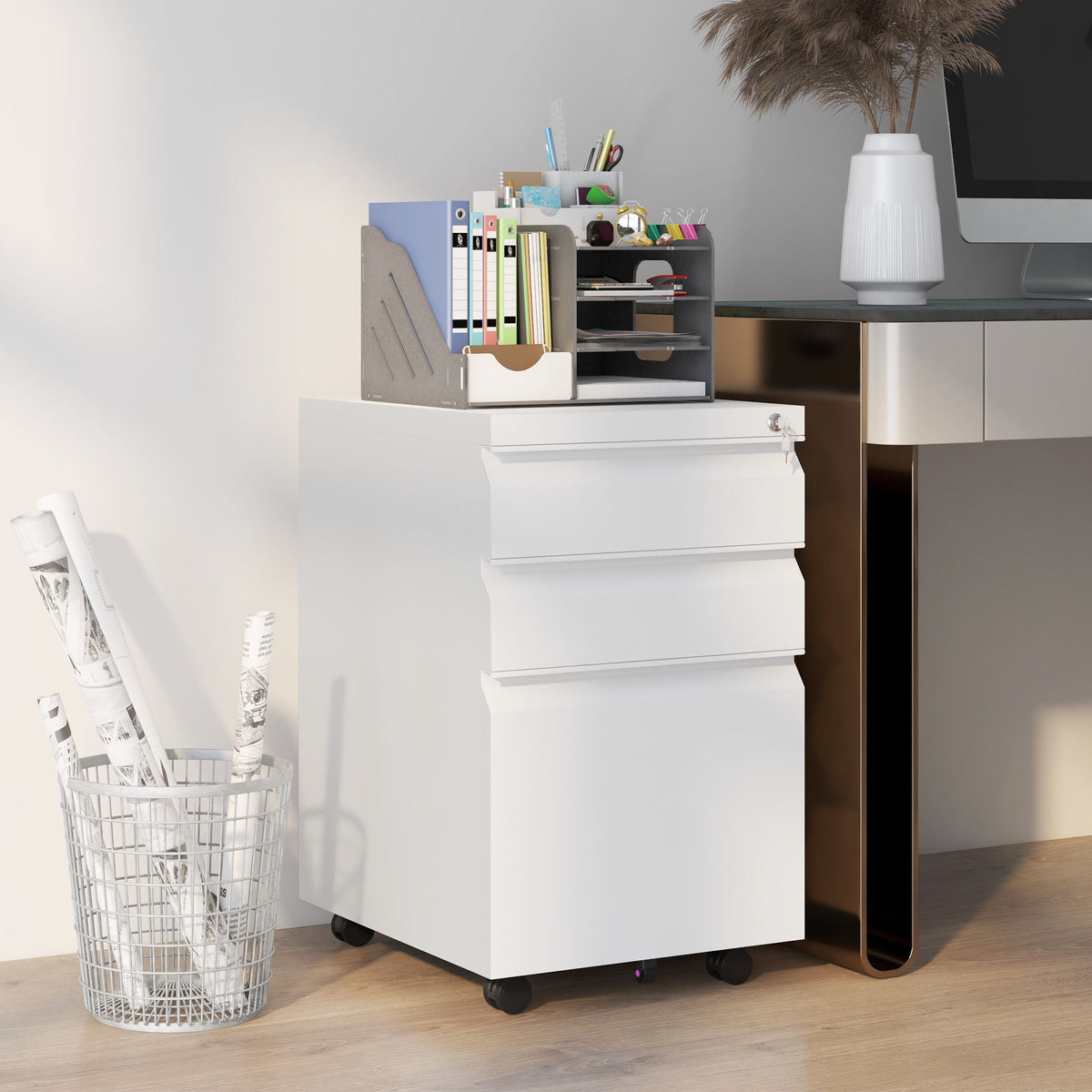3 Drawer File Cabinet with Lock, Steel Vertical Filing Cabinet with 5 Wheels and Hanging Bar for A4/Legal/Letter, Home Office Printer Stand with Pre-Assembled Body, White