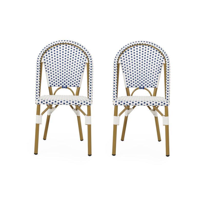 Set of 2 French Bistro Chairs with PE Rattan and Aluminium Frame, Outdoor Chairs with Bamboo Print Finish, 18.5'' L x 21.5'' W x 35'' H, White+Blue