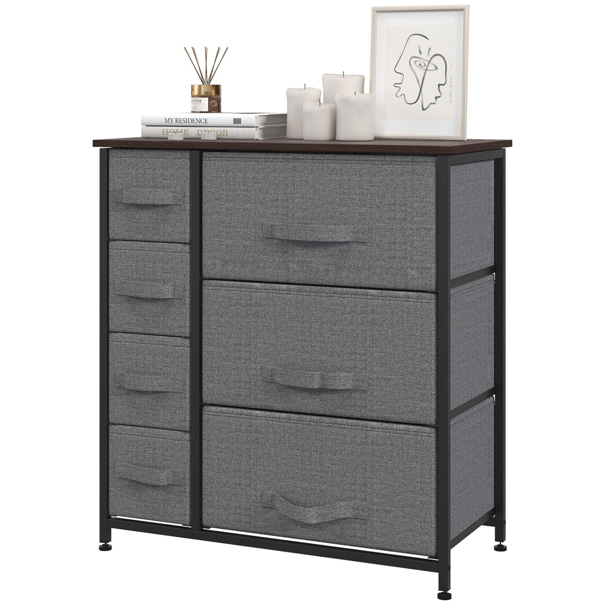 7-Drawer Fabric Dresser with Metal Frame - Dark Grey