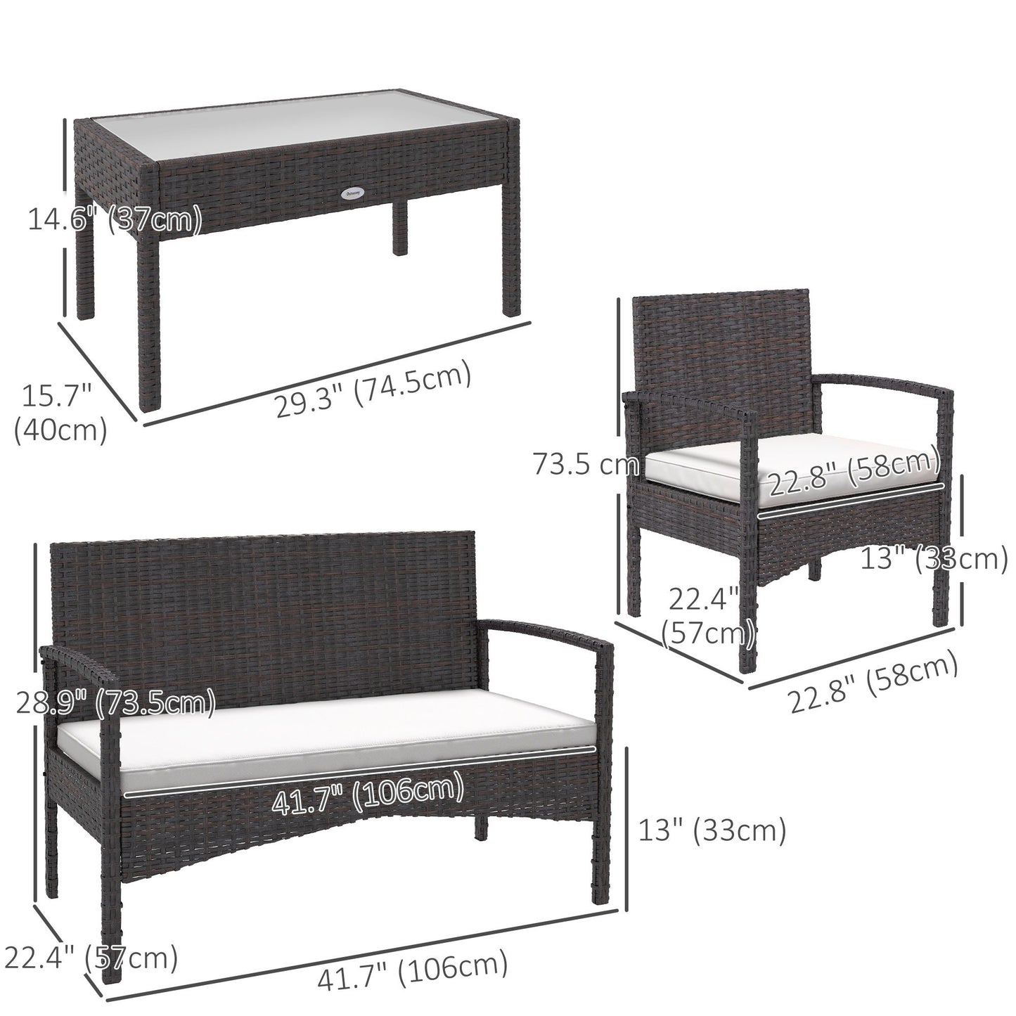 4 Pieces Patio Furniture Set with Loveseat Sofa, Armchairs, Glass Table, Outdoor Wicker Conversation Sofa Set, White