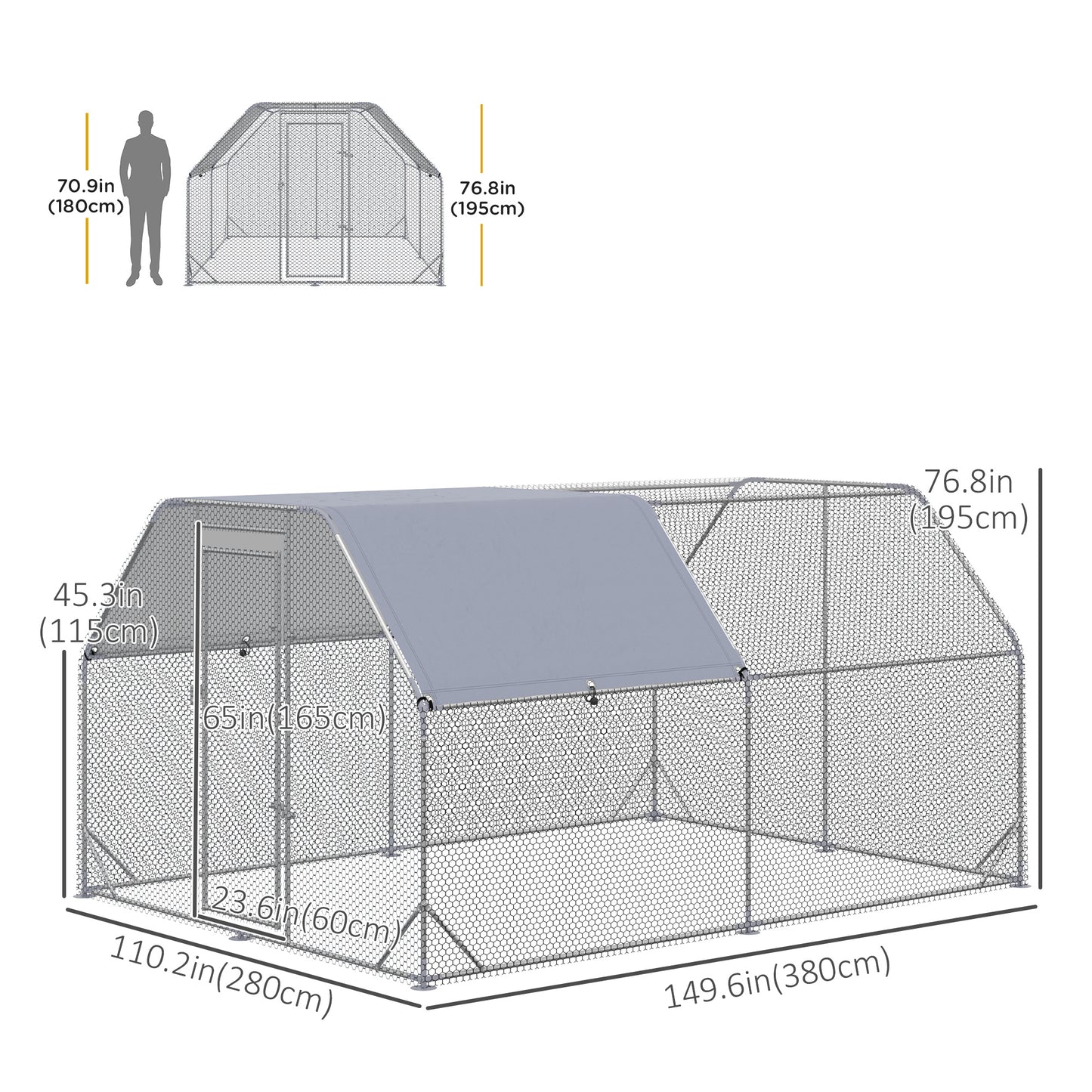 Chicken Run Outdoor, Galvanized Large Metal Chicken Coop Cage, Walk-in Enclosure Poultry Hen Run House Playpen Rabbit Hutch with Flat Roof, Cover