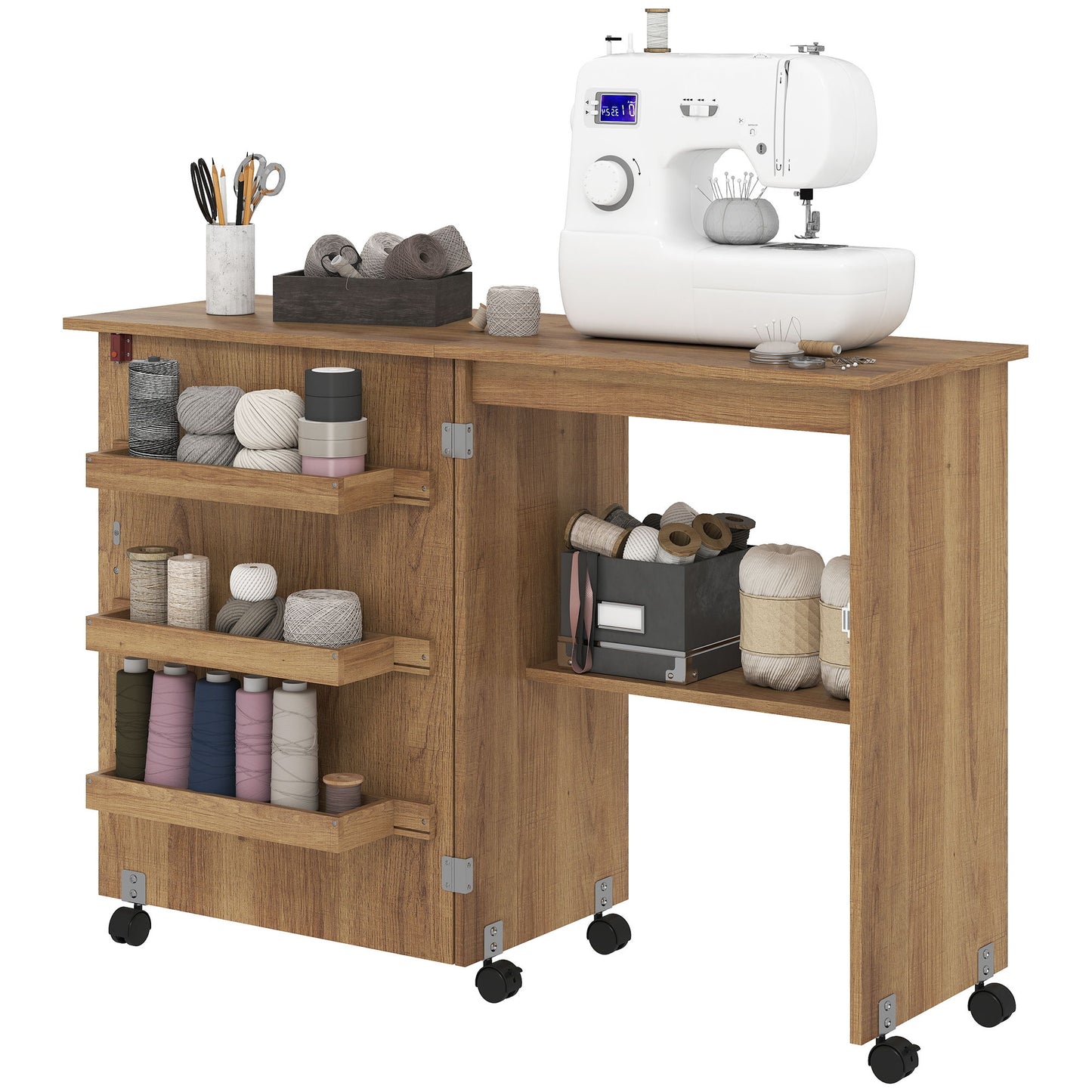 Sewing Machine Cabinet, Folding Sewing Table with Storage Shelf, Bins and Lockable Wheels for Small Space, Brown
