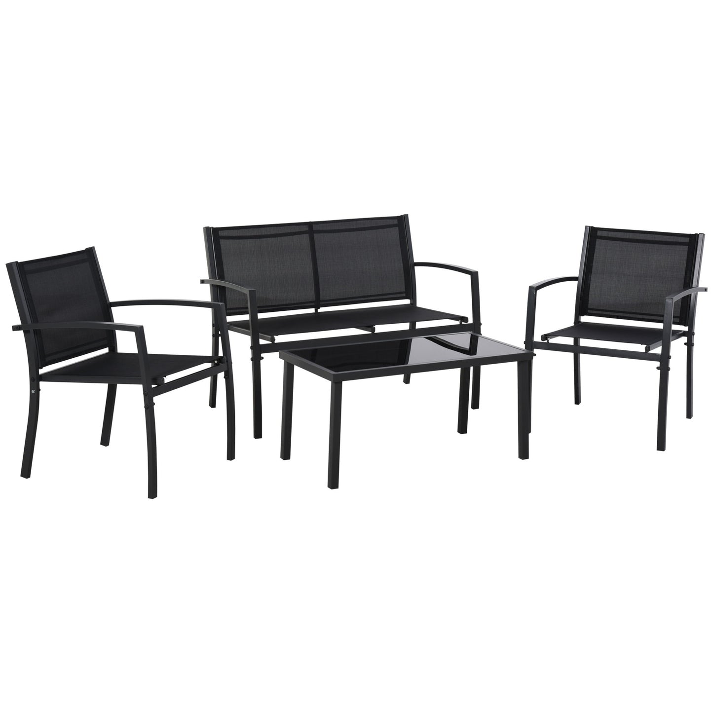 4-Piece Patio Furniture Set with Glass Top Coffee Table, Breathable Mesh Seat & Backrest for Garden, Balcony, Black