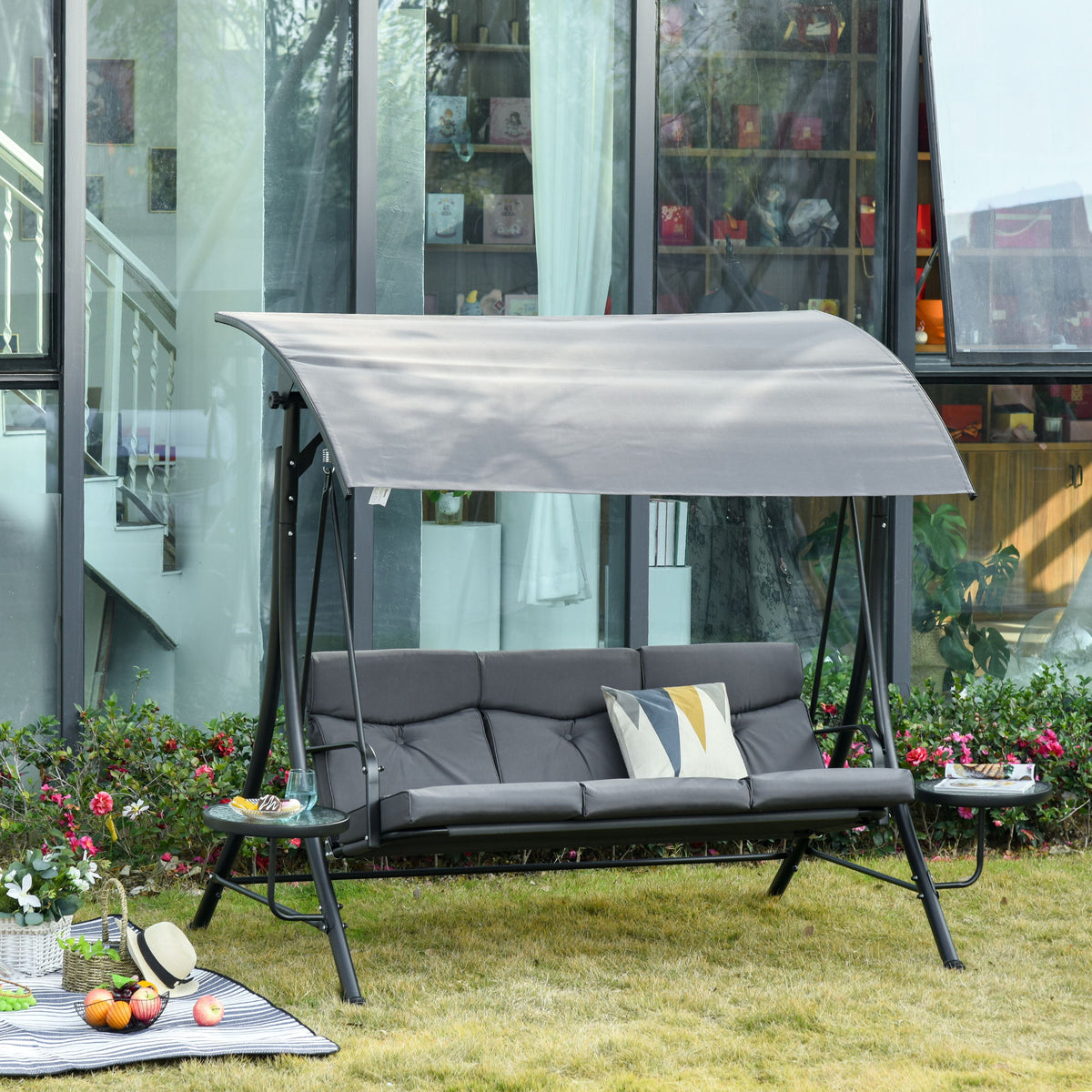 3 Seat Outdoor Swing Chair Steel Swing Bench Porch Swing With Adjustable Canopy, Coffee Tables and Cushion for Patio Garden, Dark Grey