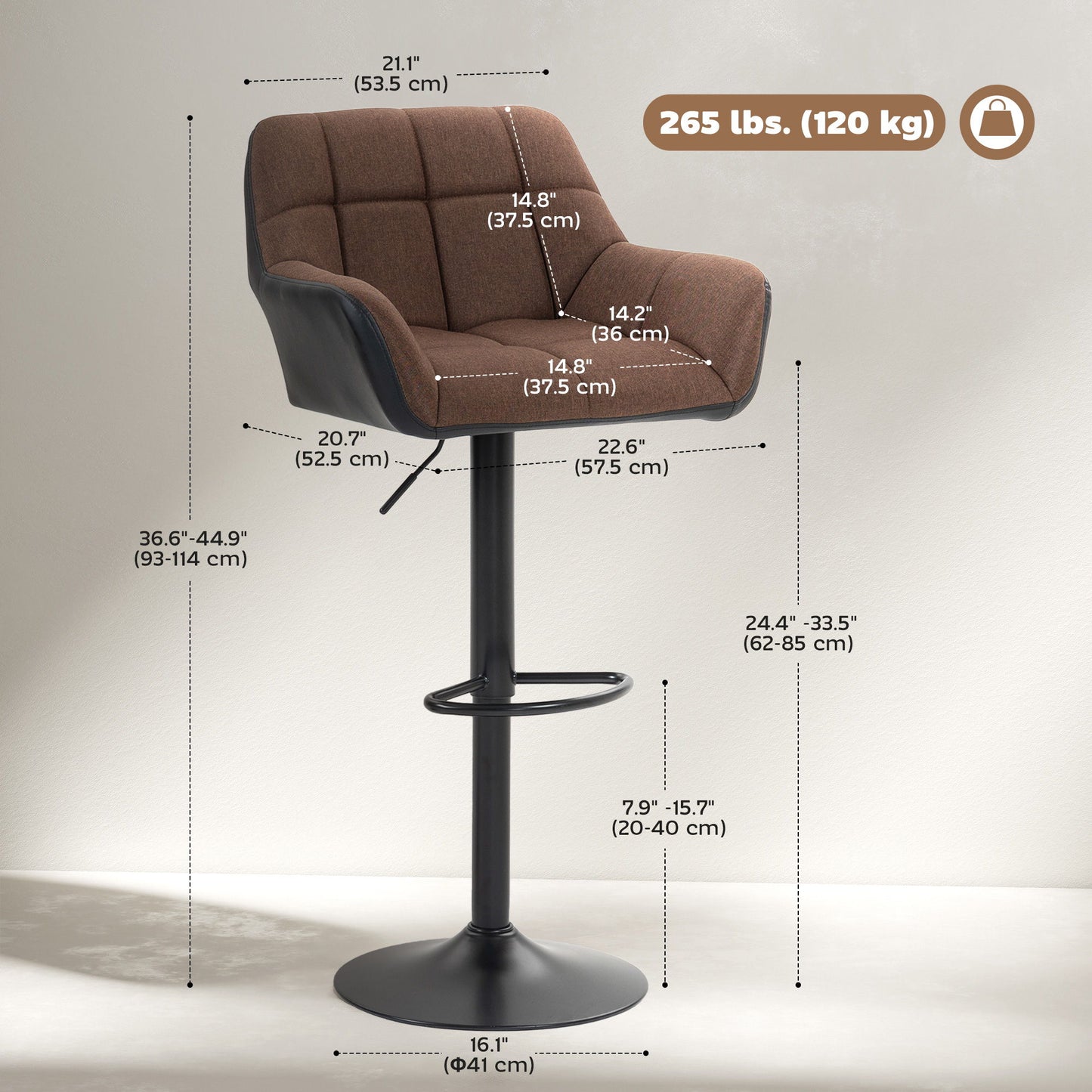 Swivel Barstools Set of 2 Adjustable Bar Stools with Footrest Armrests and PU Leather Back for Dining Room Brown