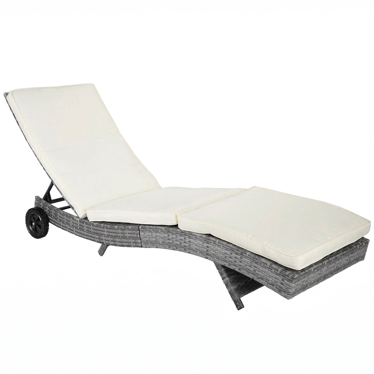 Outdoor Adjustable Wicker Chaise Lounge Chair with Cushion & Wheels for Patio, Deck, Poolside, Cream White
