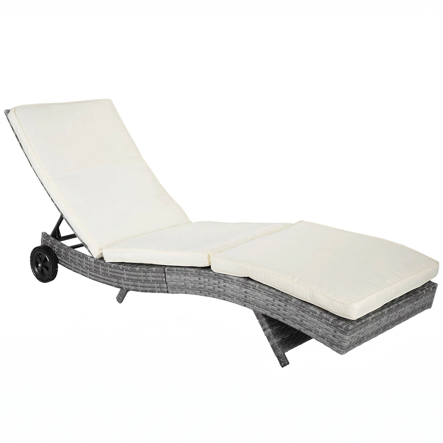 Outdoor Adjustable Wicker Chaise Lounge Chair with Cushion & Wheels for Patio, Deck, Poolside, Cream White