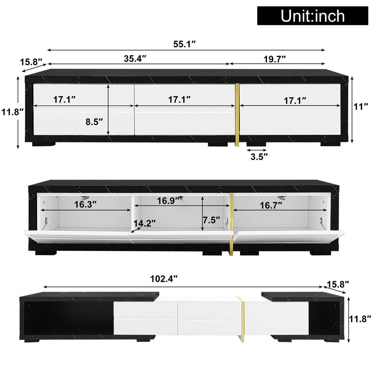 Modern TV Cabinet with Rotating Function and Spacious Storage, Extendable TV Stand for living spaces, 102.5'' L x 16'' W x 12'' H, Black+White