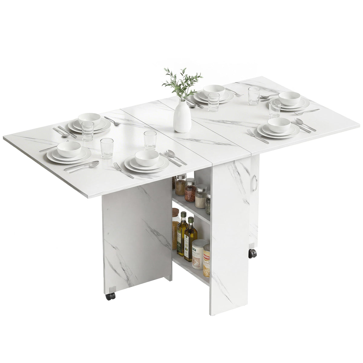 Extendable Dining Table, Collapsible Folding Table with 2-tier Shelves and Rolling Casters, Marble White