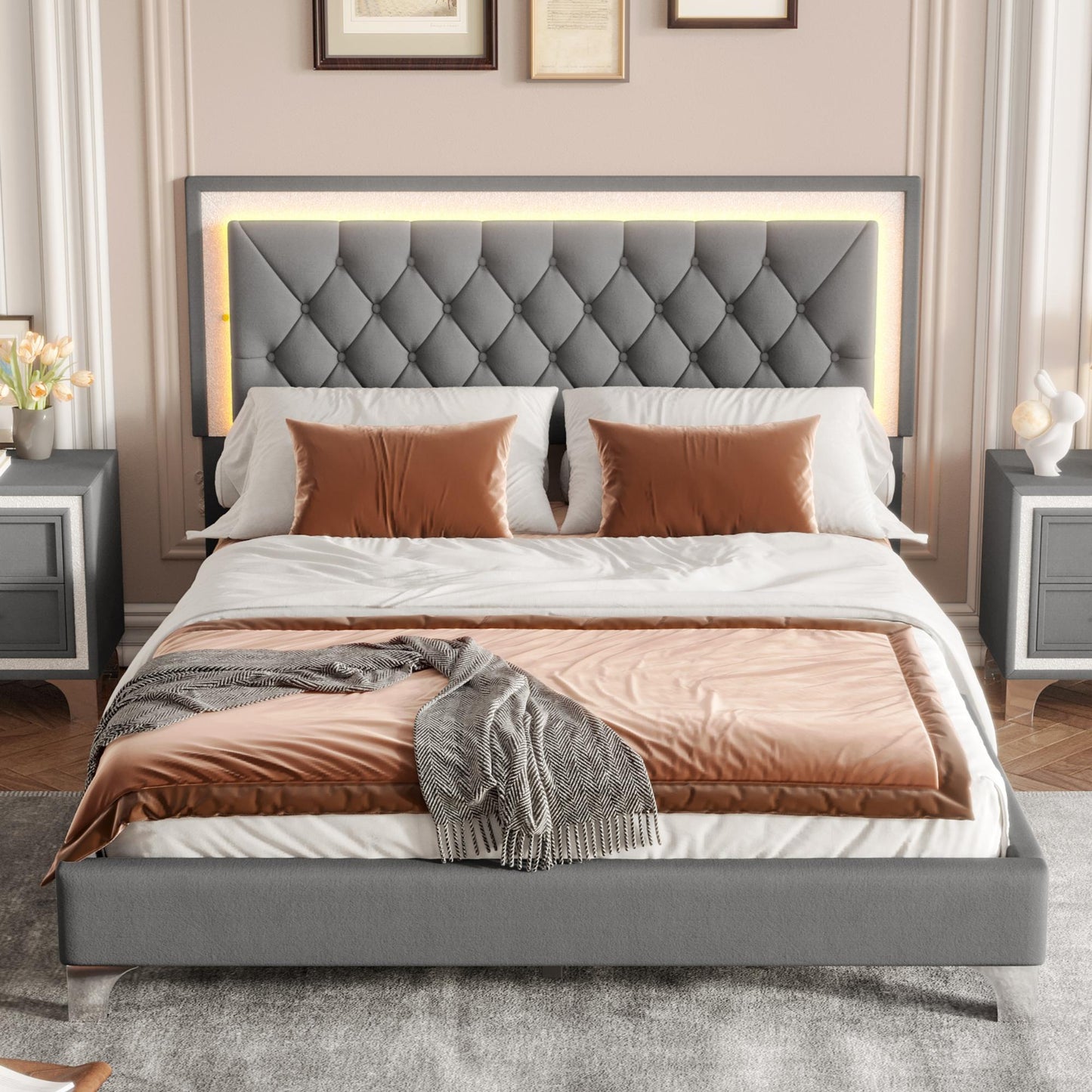 Queen Size Upholstered Bed Frame with LED Lights, Modern Velvet Platform Bed with Tufted Headboard, 84" L x 64" W x 44.5" H, Gray