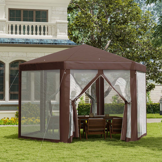 13' x 11' Hexagonal Party Tent, Canopy Tent with Nettings, Zipped Doors for Garden, Patio, Outdoor, Brown