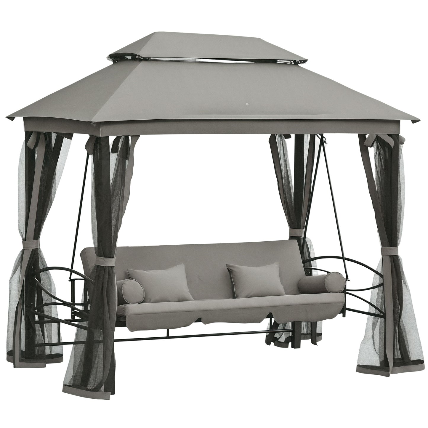 3 Person Outdoor Patio Daybed, 3 in 1 Canopy Gazebo Swing Chair Garden Hammock with Sun Shade, Mesh Mosquito and Net, Dark Grey