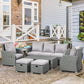 6 Pcs Patio Furniture Set with Wicker Recliner Chairs, PE Wicker Sectional Sofa Set with a 3-Seat Sofa, 2 Footstools, Table, 2 Recliner Chairs, Grey