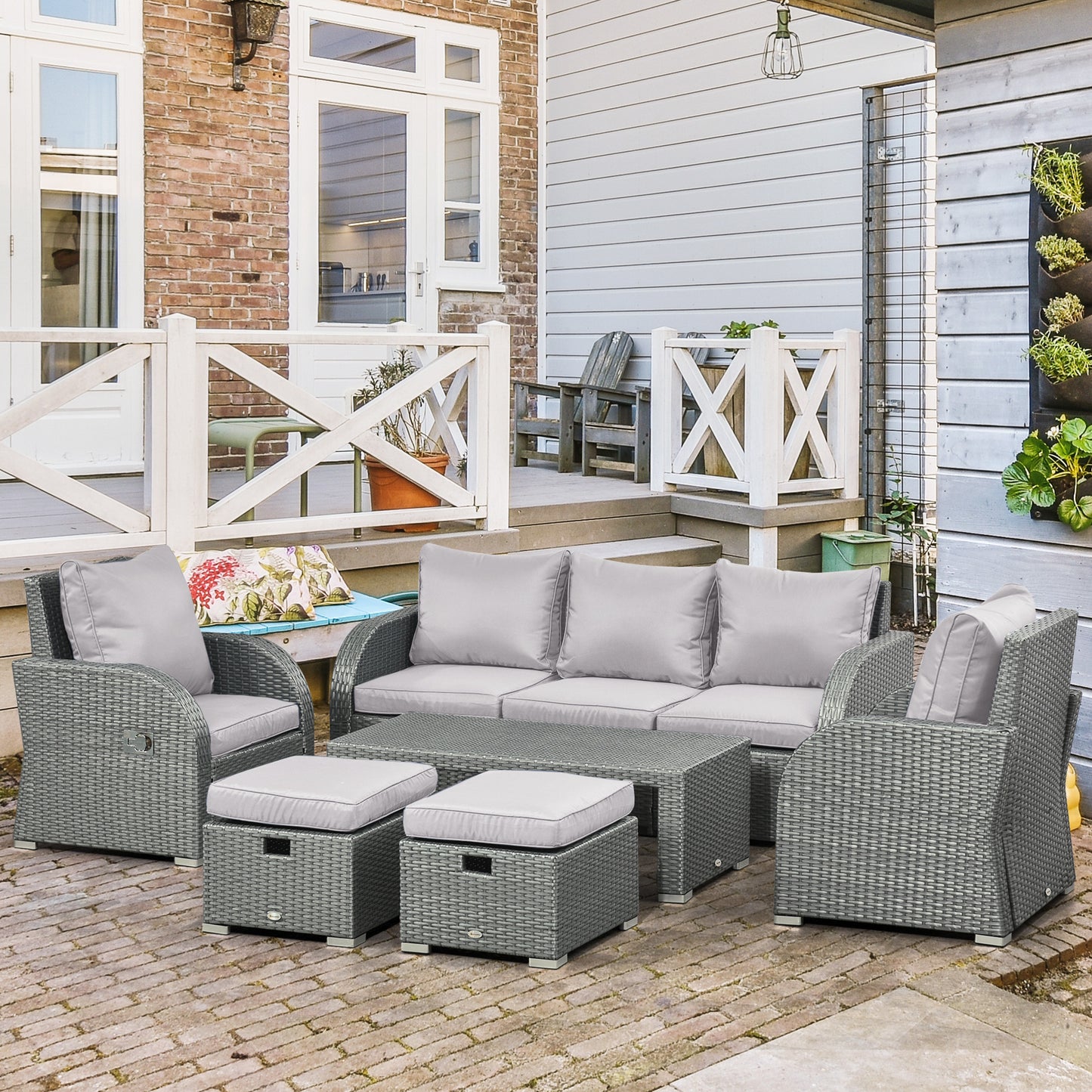 6 Pcs Patio Furniture Set with Wicker Recliner Chairs, PE Wicker Sectional Sofa Set with a 3-Seat Sofa, 2 Footstools, Table, 2 Recliner Chairs, Grey