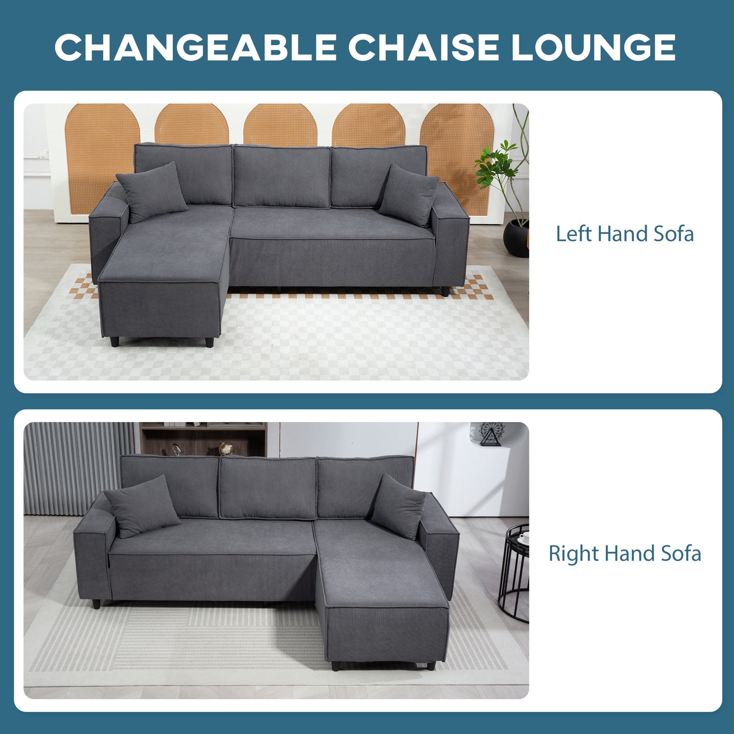 Corduroy L-Shape Corner Sectional Sofa - Charcoal Grey