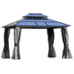 10'x12' Hardtop Patio Gazebo Aluminum Gazebo Canopy with Double Tier Roof, Curtains, Netting Sidewalls, Black & Grey