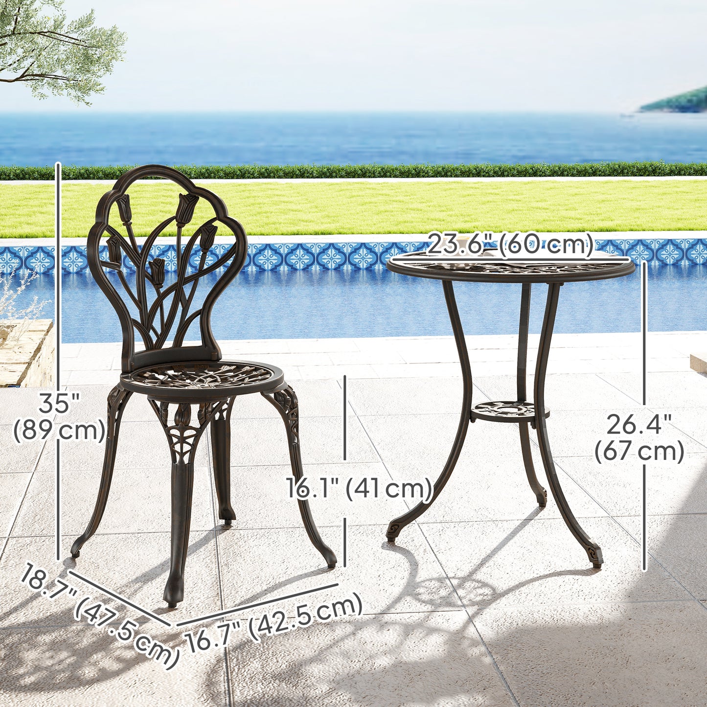 3PCs Patio Bistro Set, Outdoor Cast Aluminum Garden Table and Chairs with Umbrella Hole for Balcony, Bronze