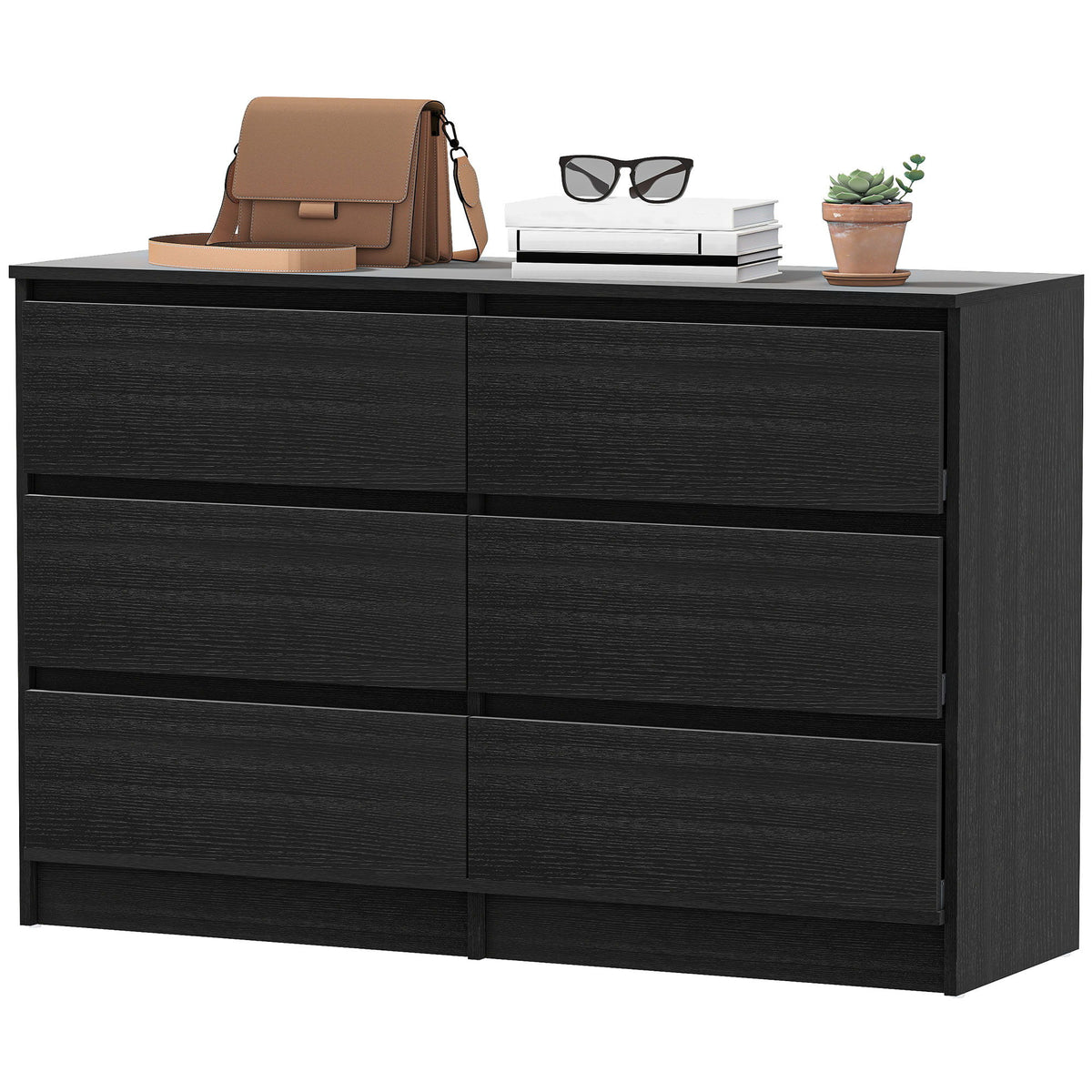 Wide Chest of Drawers, 6 Drawer Dresser for Bedroom, Living Room, Hallway, Modern Clothes Storage Organizer, Black