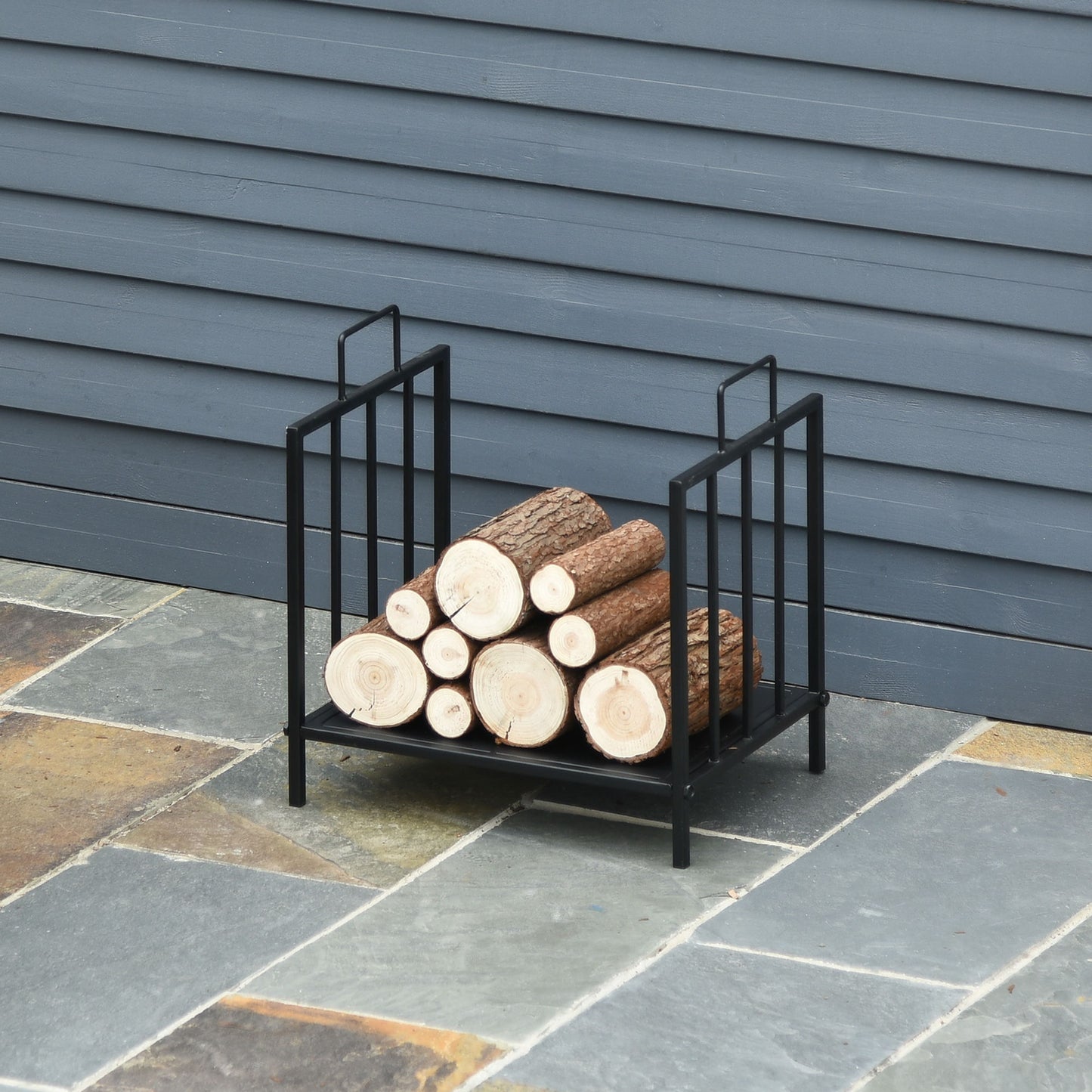 17.5" Firewood Rack Heavy-Duty Metal Wood Storage Log Holder with Side Handles, Indoor and Outdoor, Black