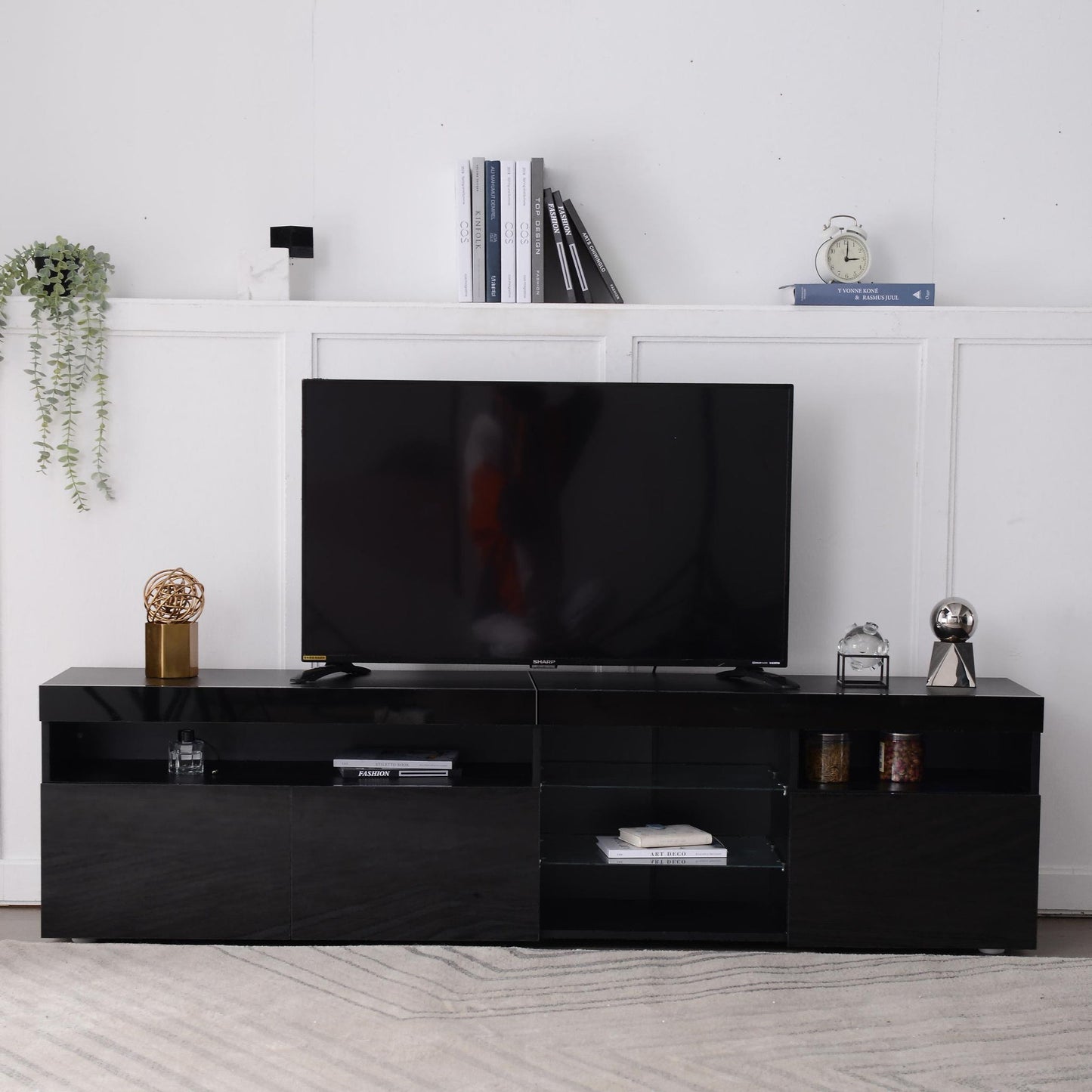 Modern TV Cabinet with LED Strip and Adjustable Colours, Stylish Media Console with Low-Profile Storage, 71'' L x 13.5'' W x 19'' H, Black